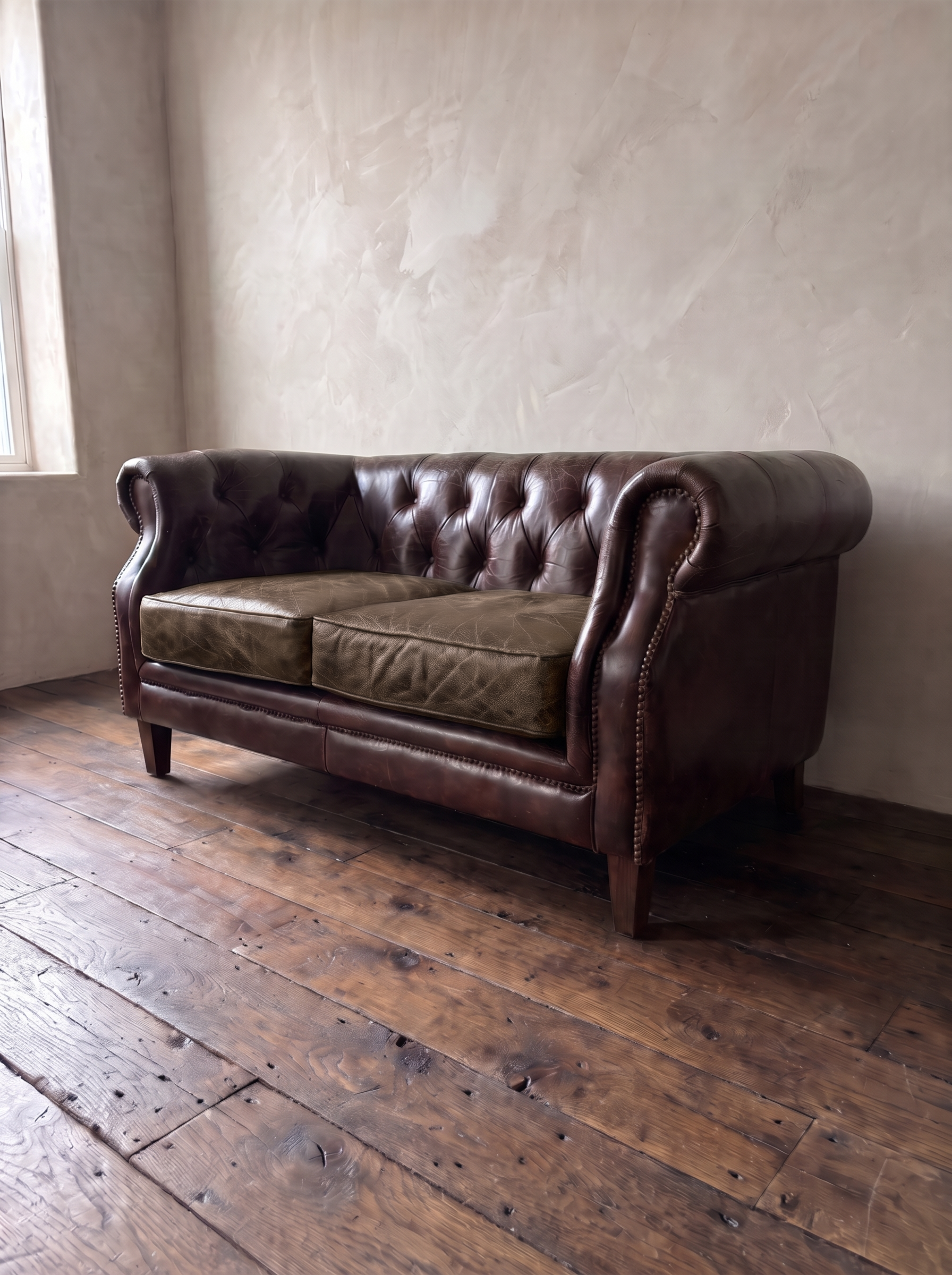 Three-quarter view of the tufted leather chesterfield loveseat with brass nailhead scroll arm