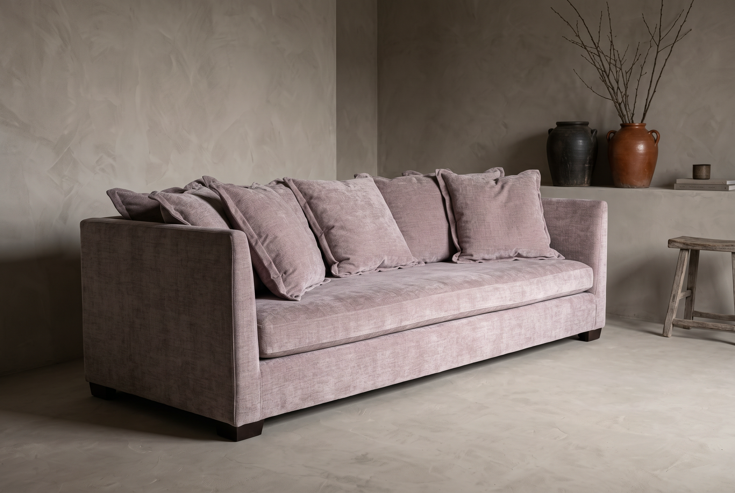 Alternate three-quarter view of the sofa against bare plaster with stoneware vessels and dried branches