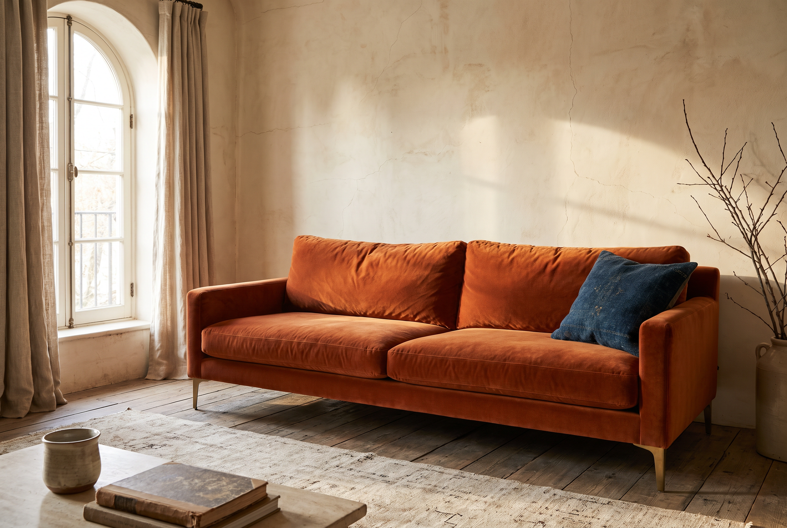 Rust Velvet Track-Arm Sofa, three-quarter view in a sunlit living room
