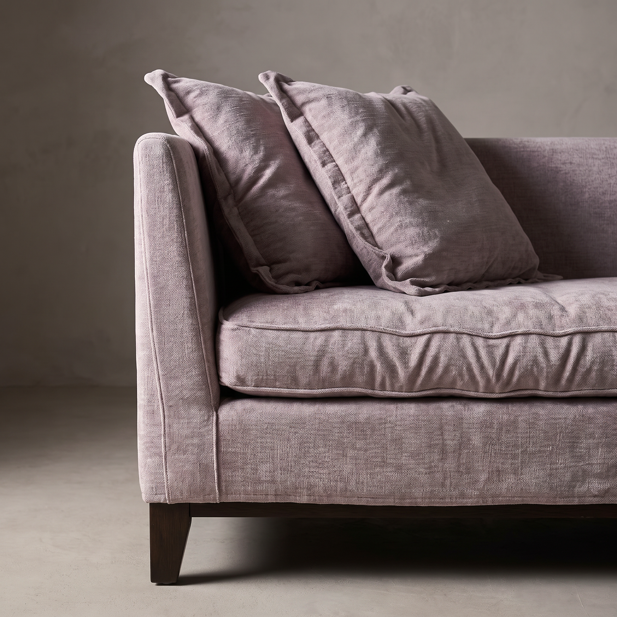 Detail of the arm meeting the bench cushion and dropping to a dark stained tapered block foot