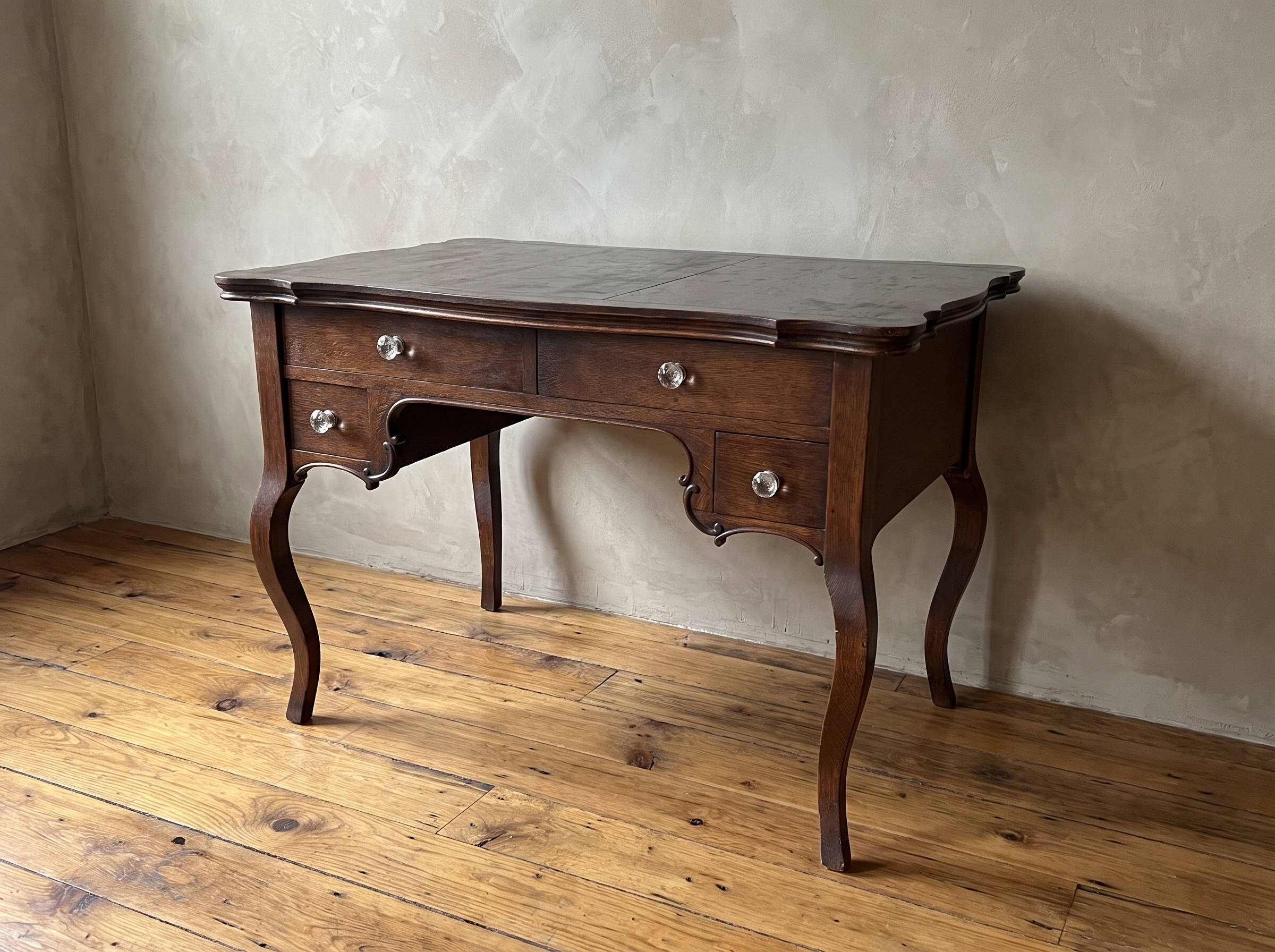 Antique writing desk, three-quarter angle view
