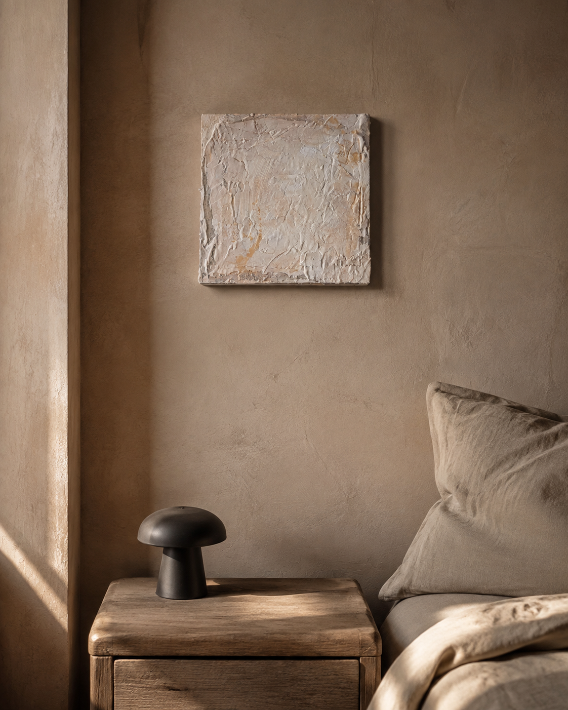 Sanctuary 3 hung above a nightstand in a warm plaster bedroom