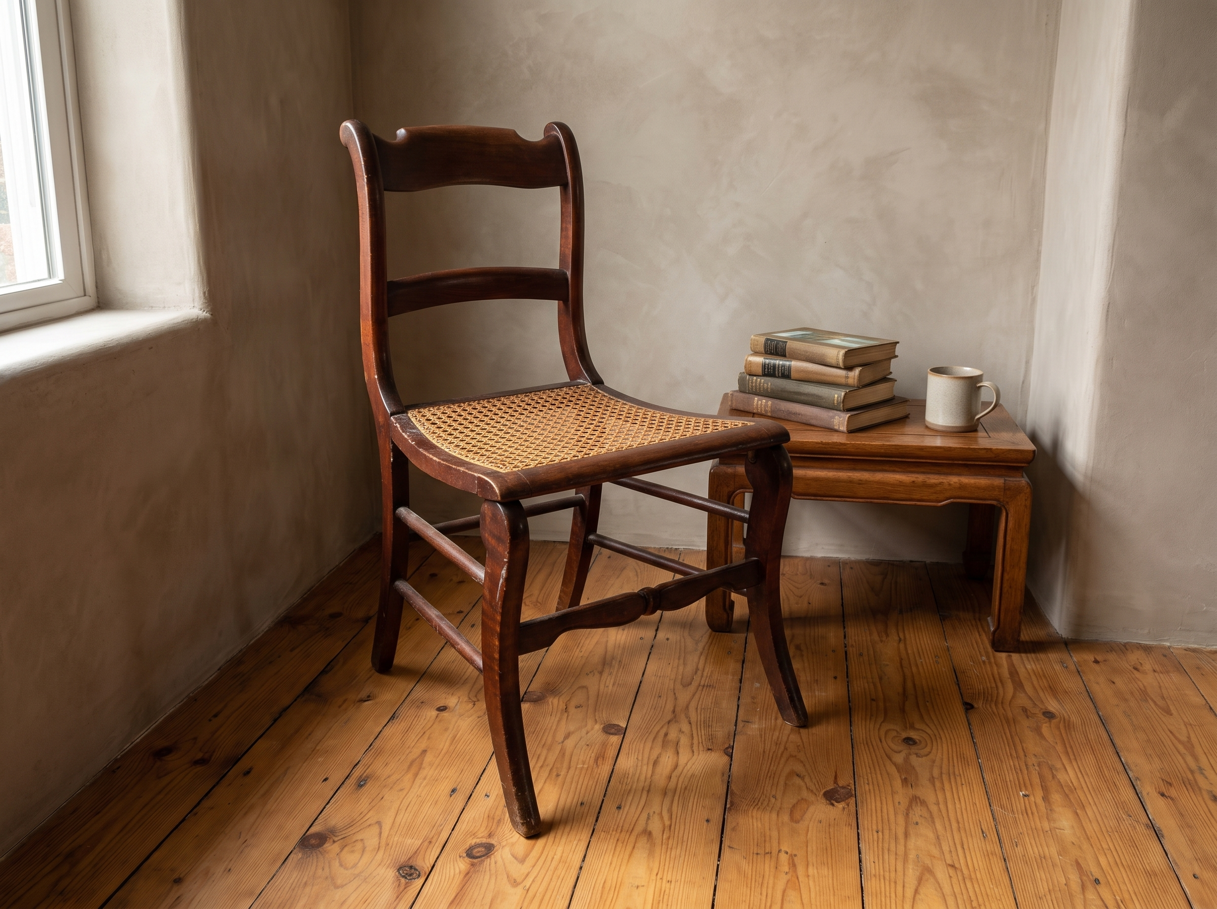 Antique cane seat chair staged in a reading nook