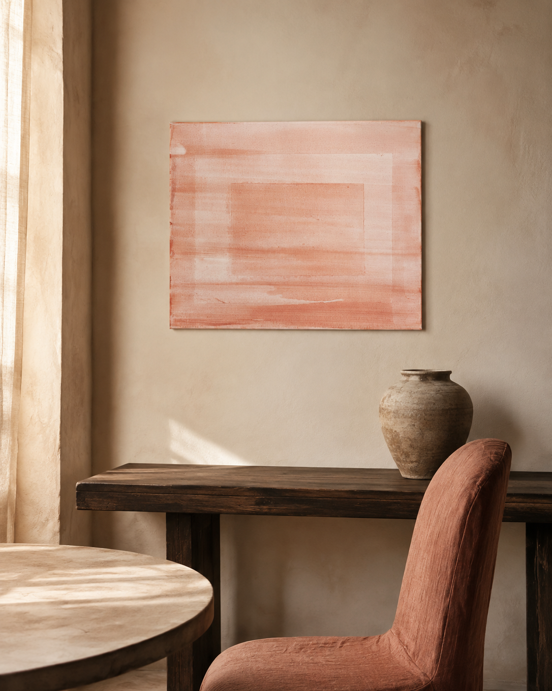 Warmth hung above a dark wood console in a warm plaster dining room