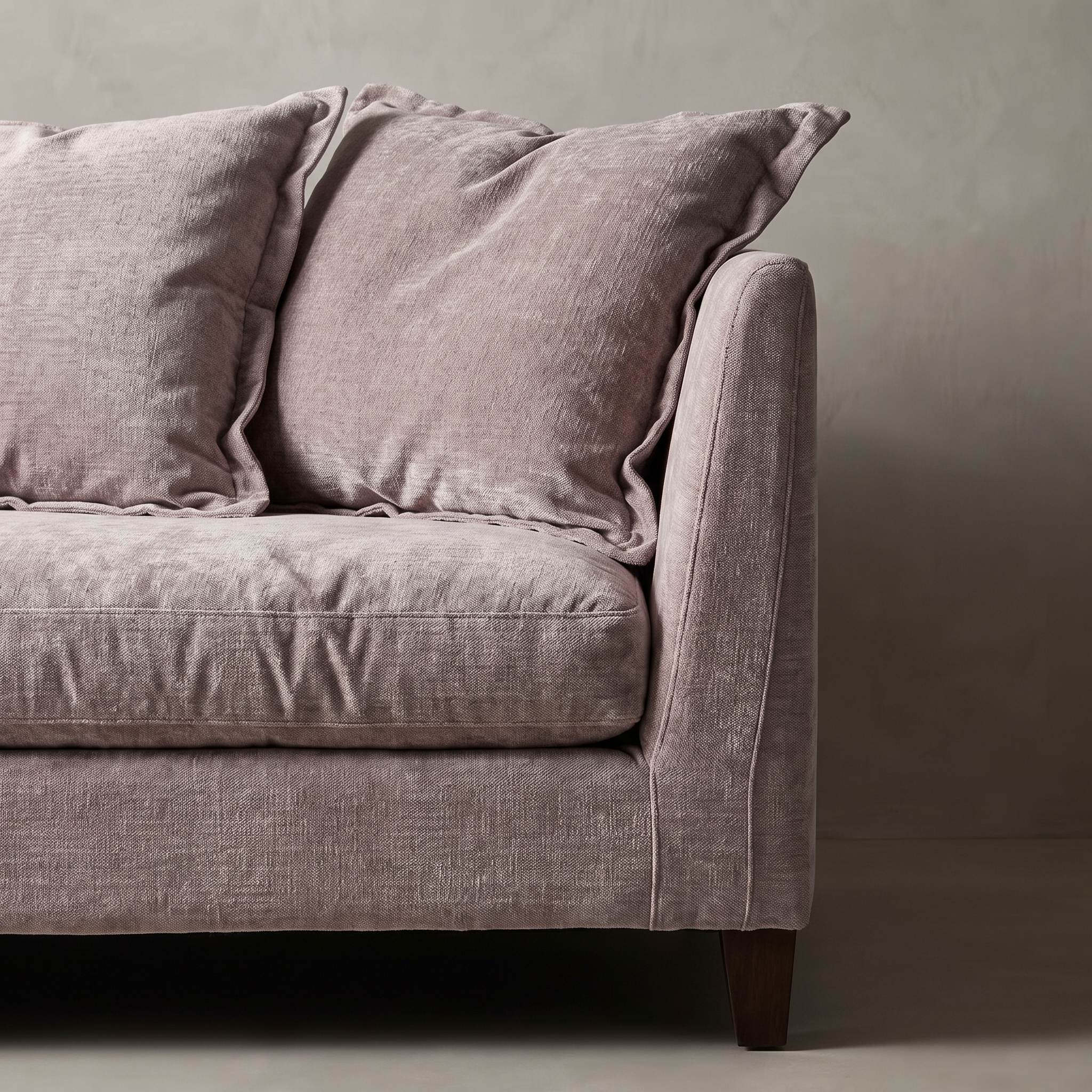 Detail of the slim vertical panel arm with its softly rounded top edge and welt seam, loose back pillows slumped against it