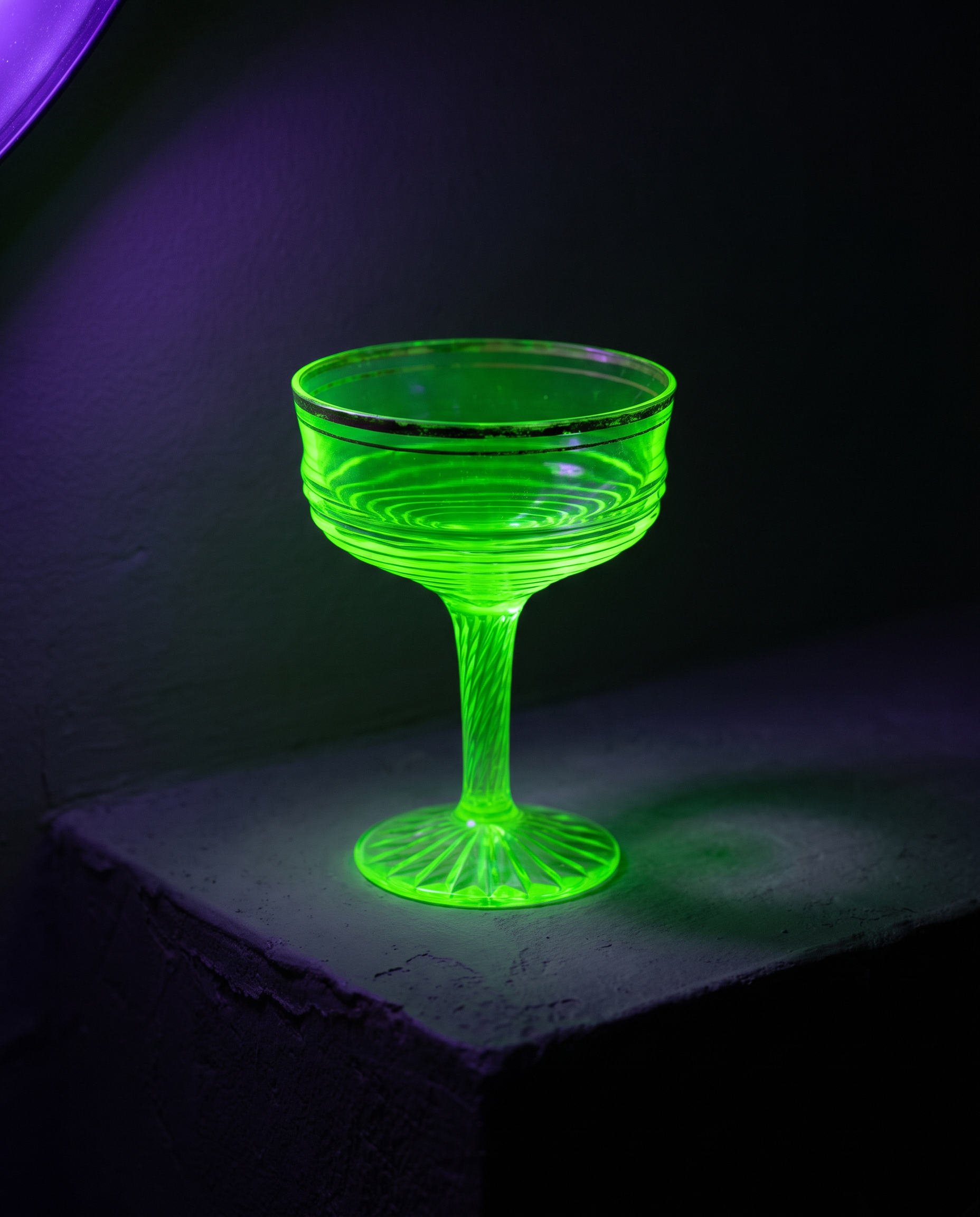 Gold-Rim Swirl Coupe, uranium glass, fluorescing green under UV blacklight