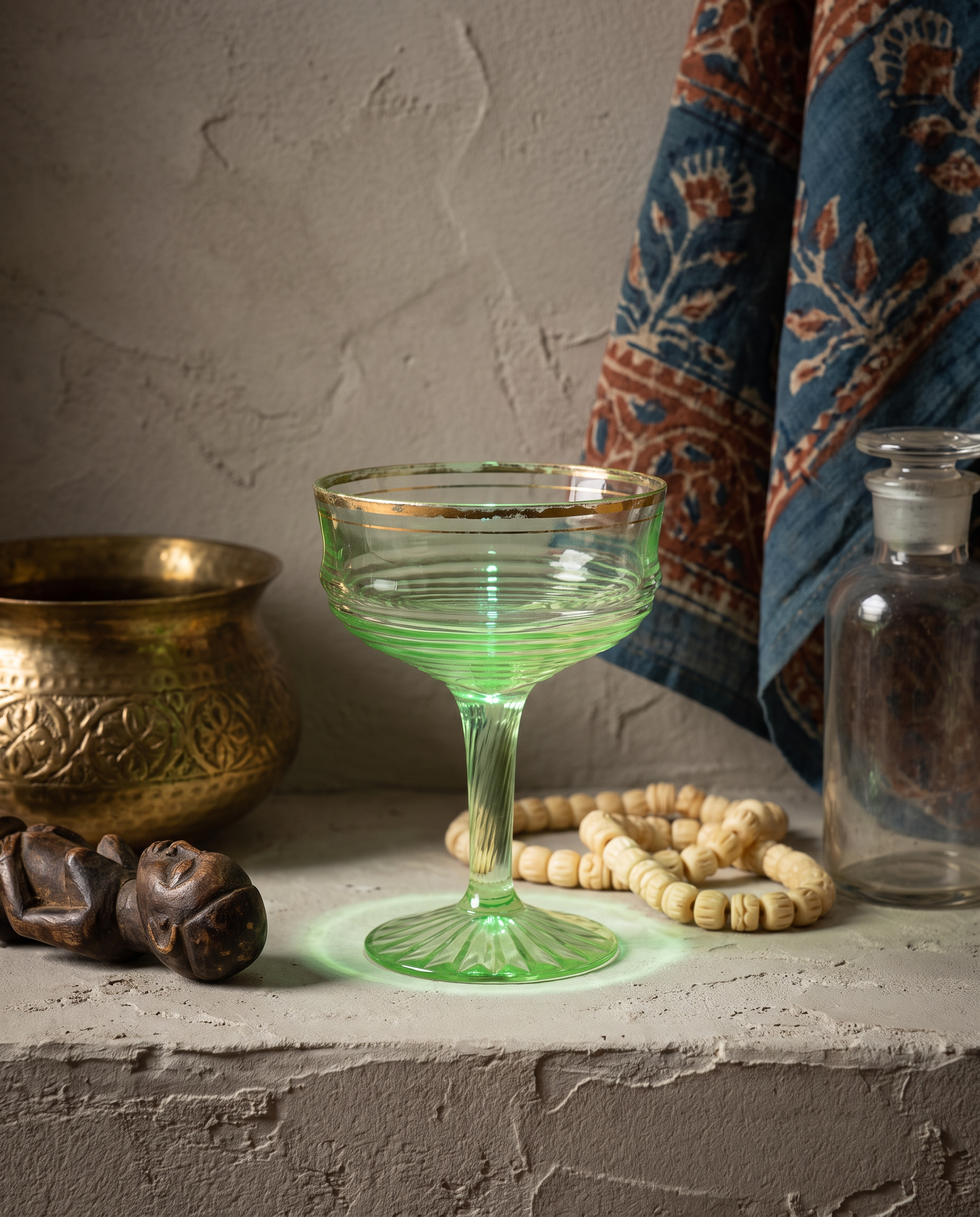 Gold-Rim Swirl Coupe, uranium glass, styled with brass vessel and block-print textile