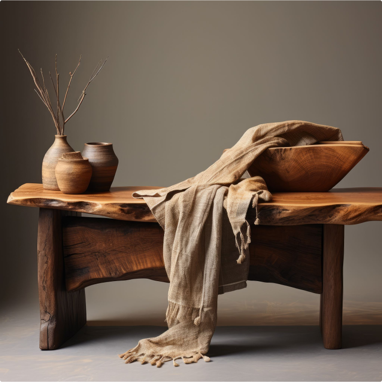 Clay vessels and linen on a wooden table