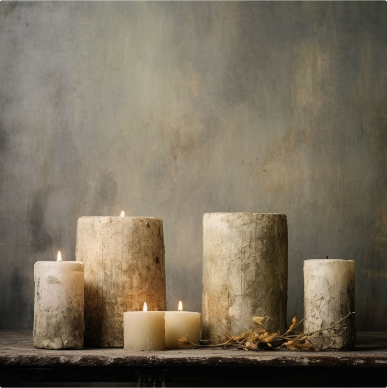 Pillar candles against a plaster wall