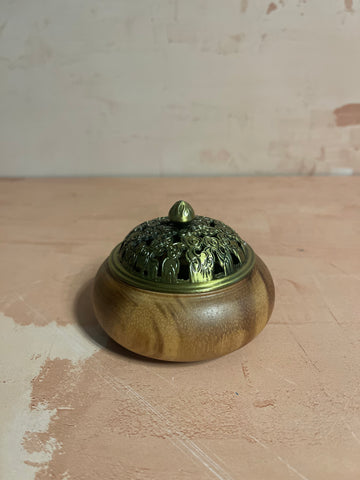 Round Wood Brass Top Incense Burner