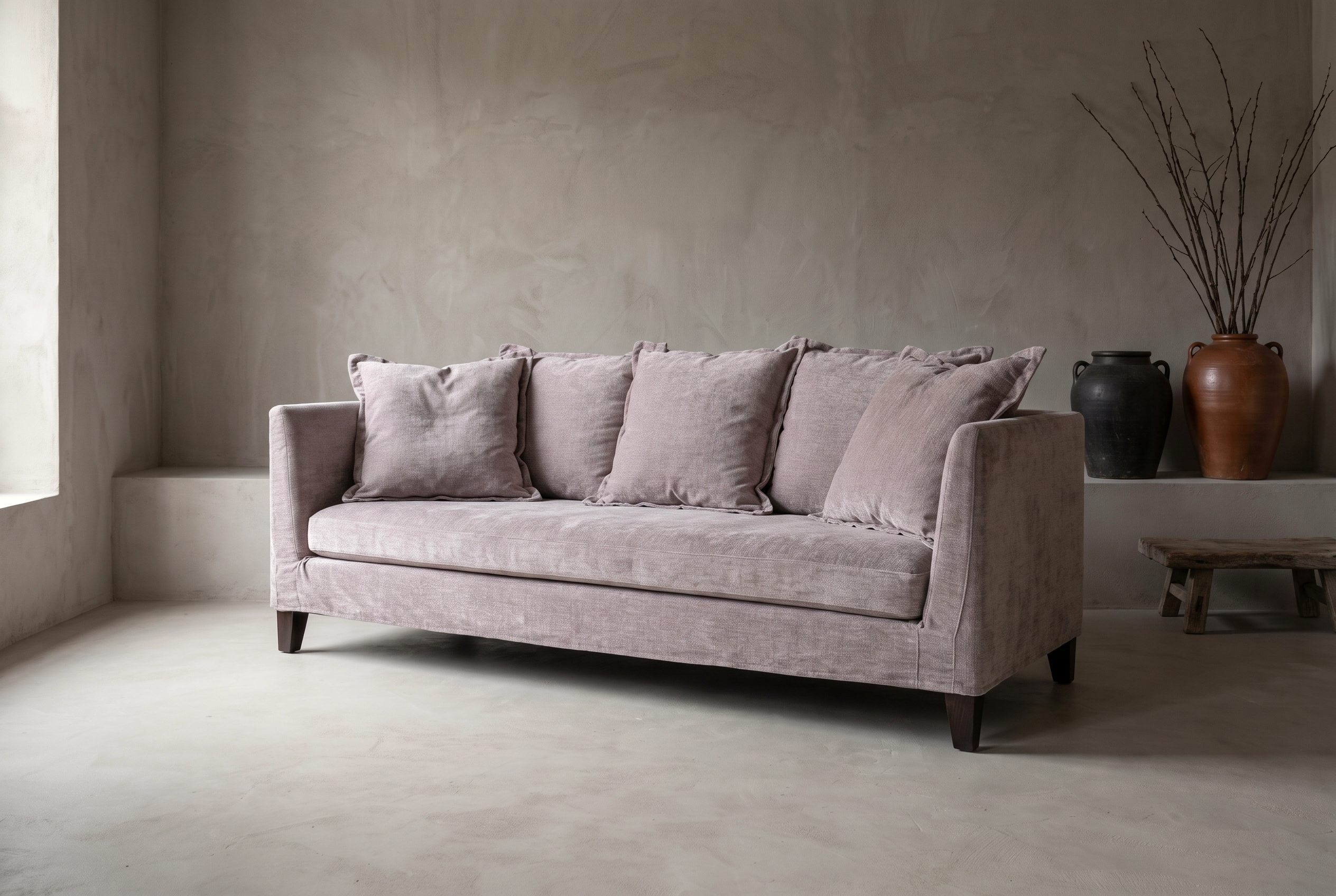 Long low dusty rose chenille sofa with slim vertical panel arms and a single bench cushion, in a greige troweled plaster room