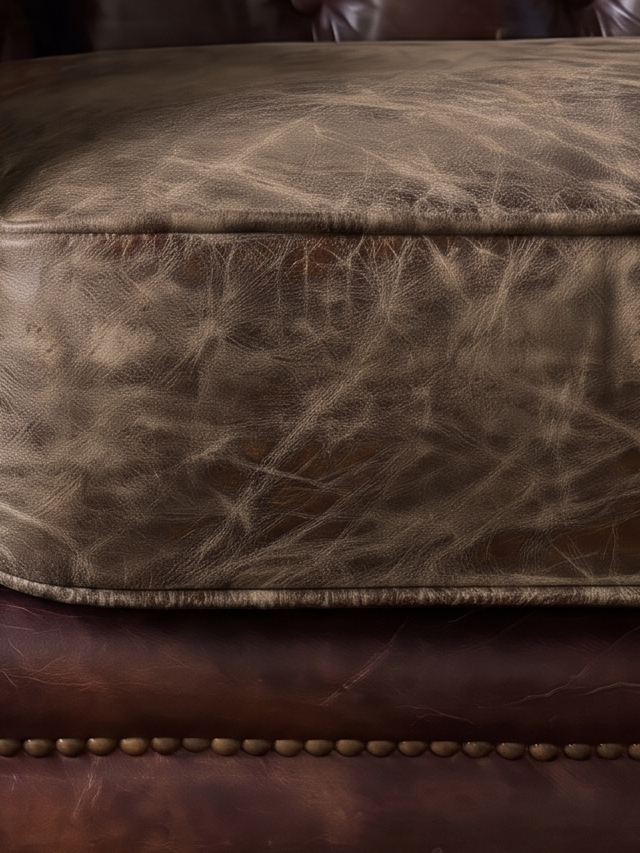 Macro of the smoky brown leather seat cushion with pale silvery crackle, welt and brass nailhead rail below