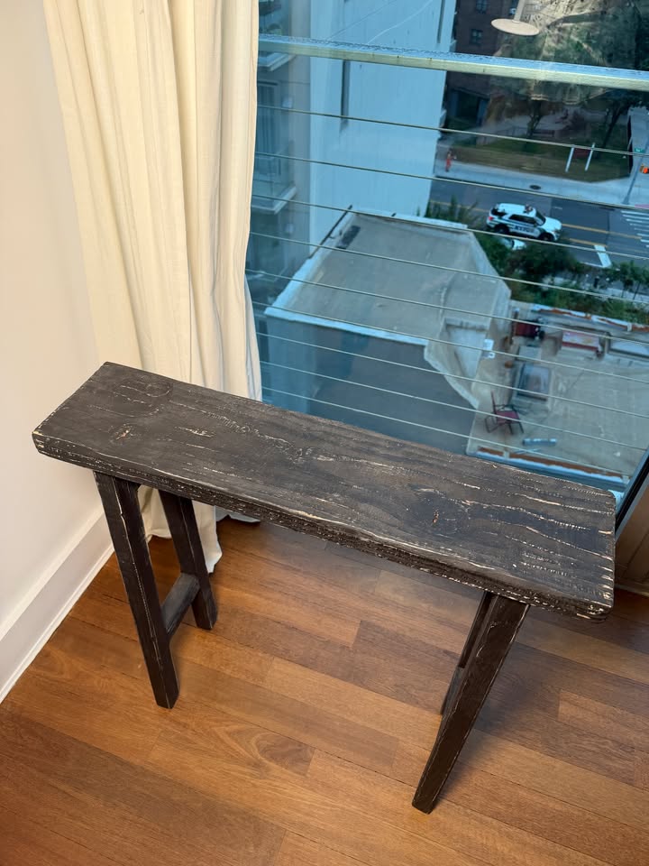 Ebonized reclaimed wood console, angled view