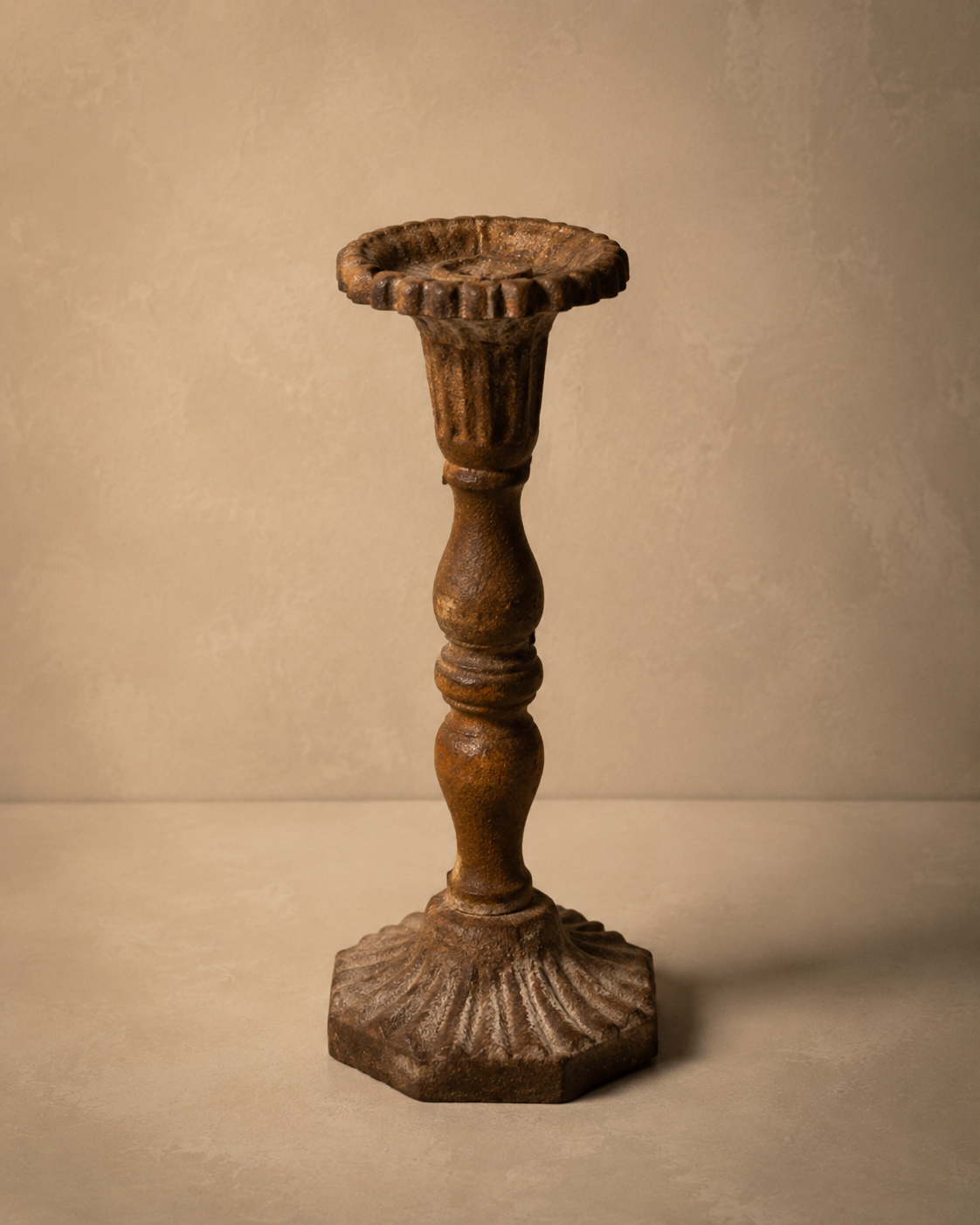 Antique Aged Candlestick Holder, carved wood with fluted cup, turned stem and octagonal base