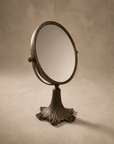 Antique Brass Vanity Mirror, oval tilting glass on a fluted, scalloped brass pedestal base