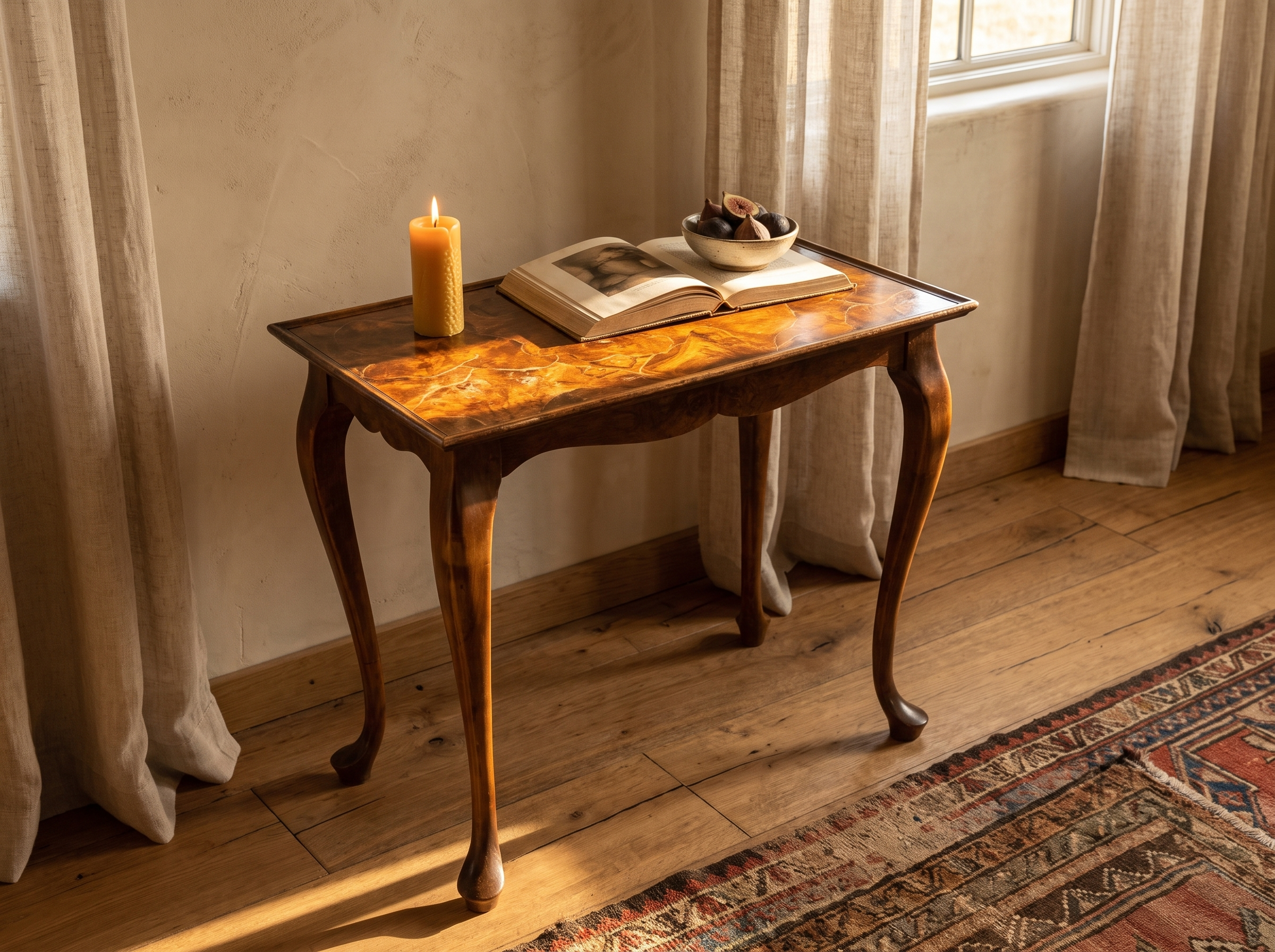 Burl walnut side table by a window with soft daylight