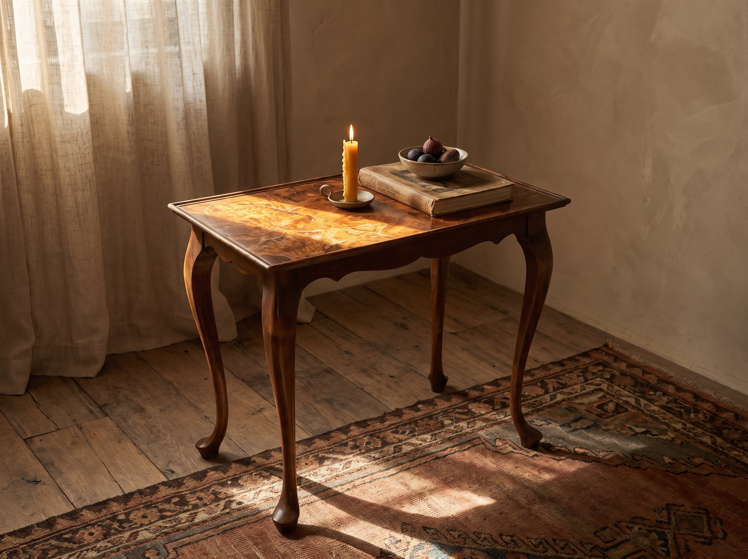 Vintage burl walnut side table styled in a warm room with candle and figs