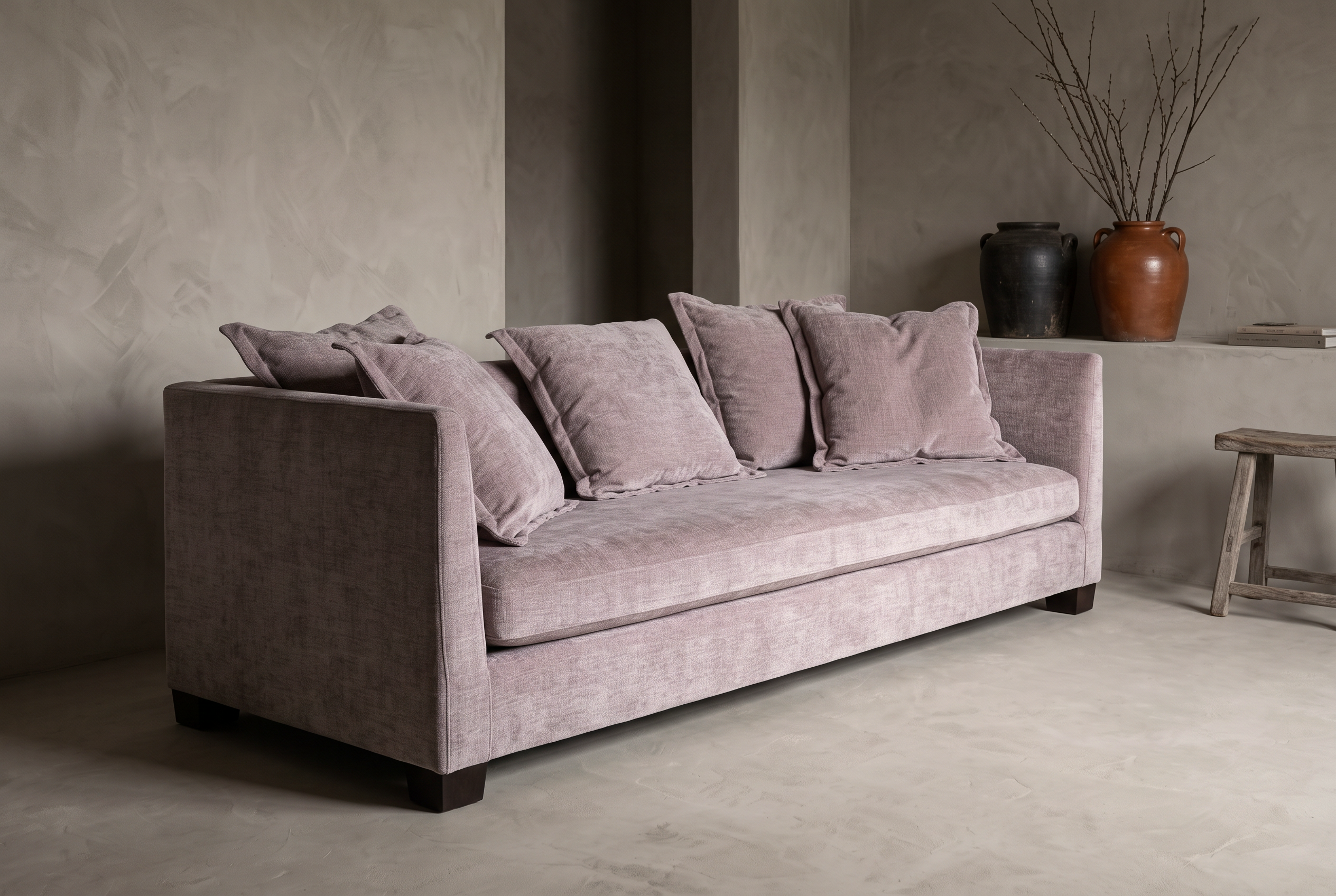 Three-quarter view of the dusty rose chenille sofa showing its full 86 inch length and low profile