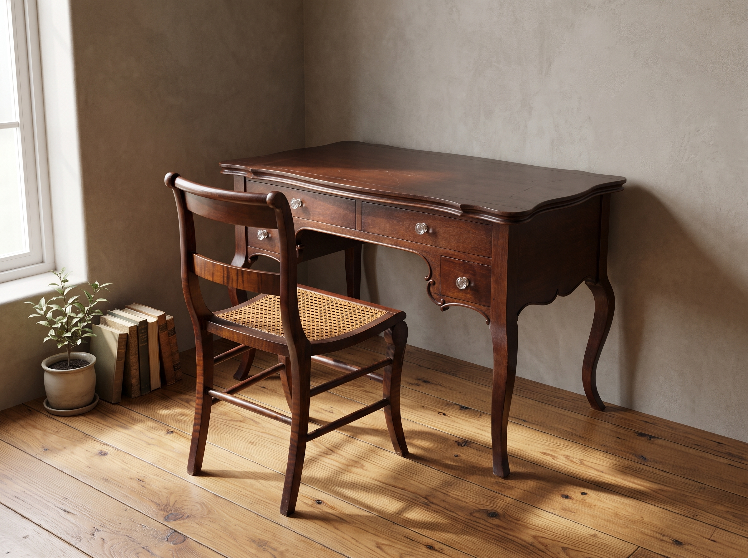 Antique writing desk paired with its cane seat side chair in a corner office setting