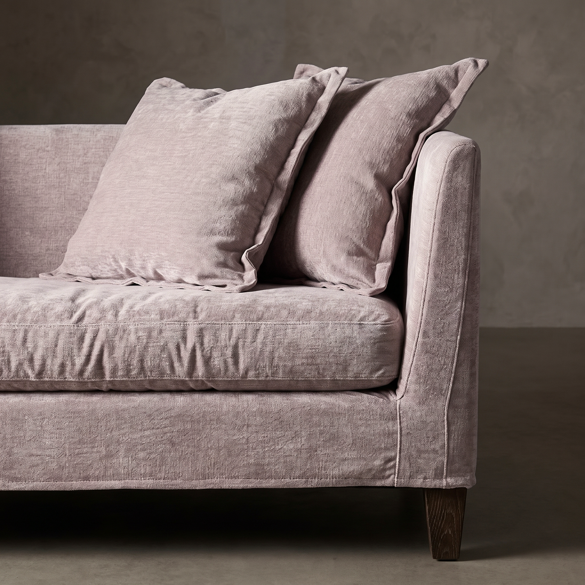 Close detail of the heathered chenille weave on the compressed bench cushion with slumped back pillows