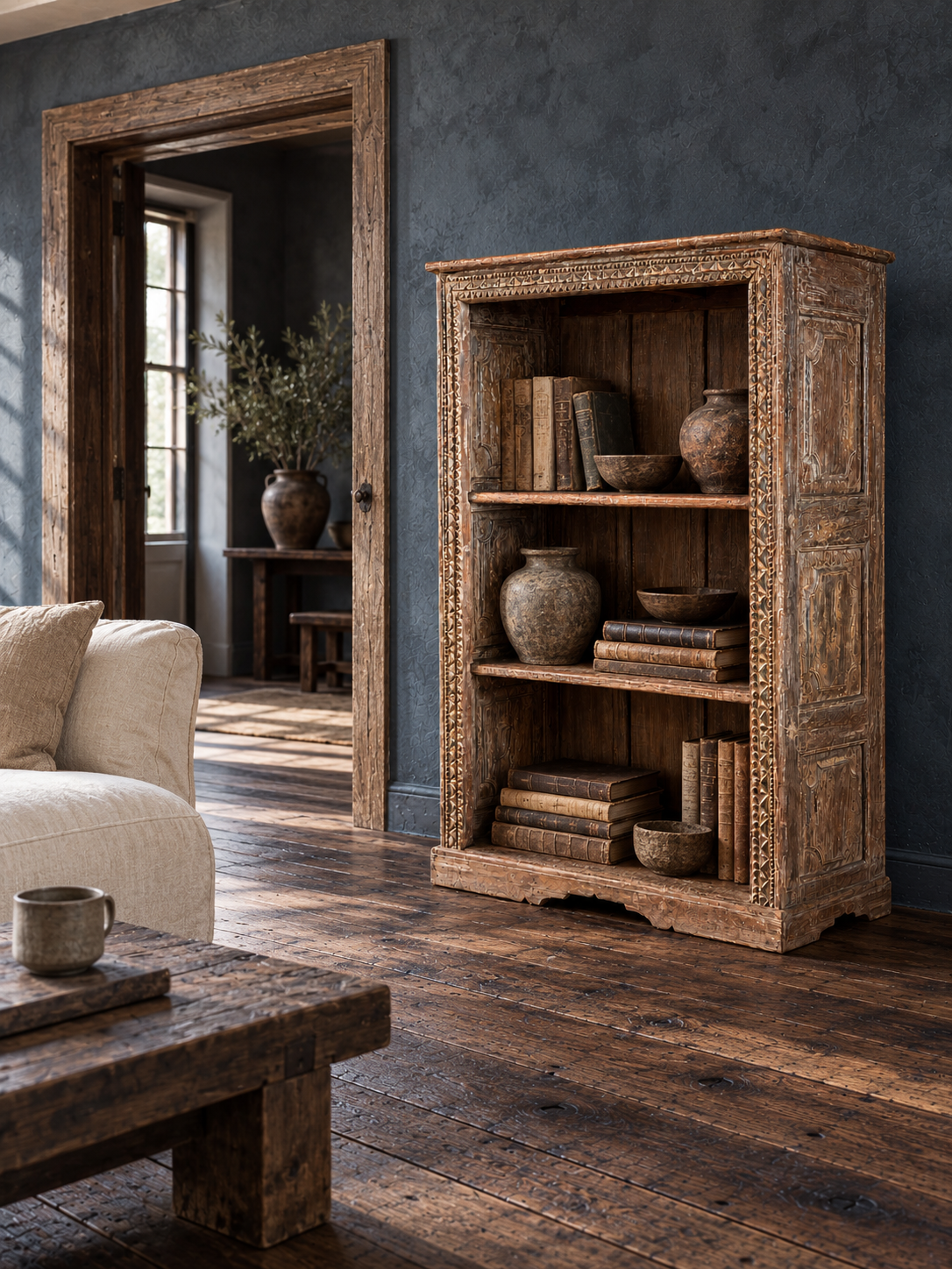 Carved bookcase in a reading room with slate walls and dark reclaimed floors.