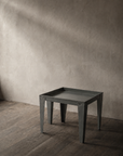 The Foundry Tray Table, slate gray steel tray side table with raised edges and tapered legs