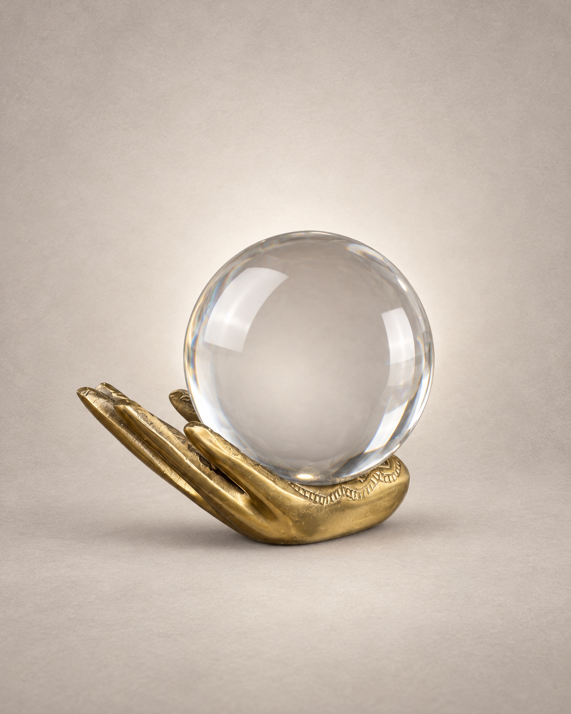 Crystal glass sphere resting in a brass hand stand on a pale plaster background