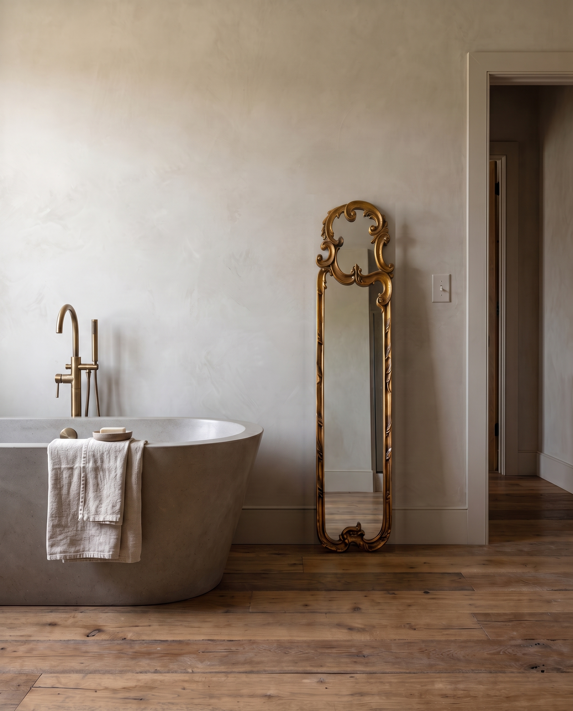 Gilt scroll mirror standing upright beside a stone soaking tub in a plaster bathroom