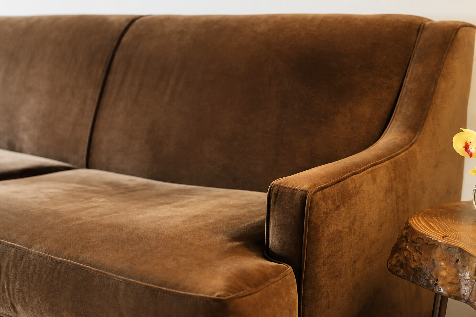 Cognac velvet back and arm detail beside a live-edge side table