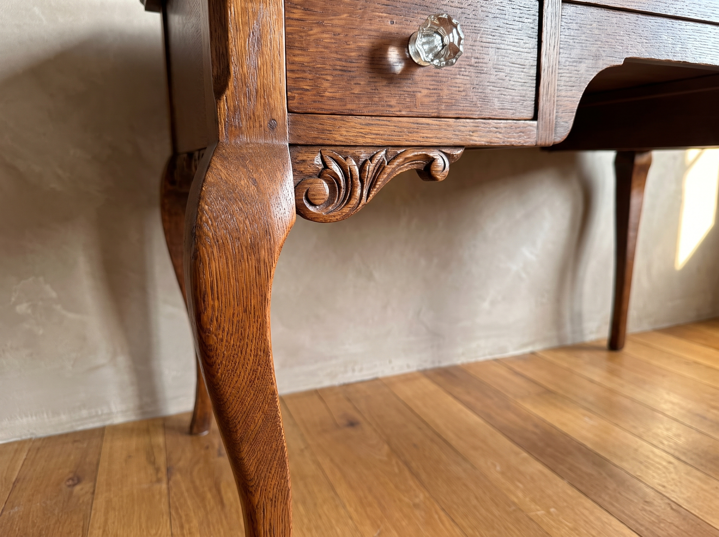 Antique writing desk, cabriole leg and carved bracket detail