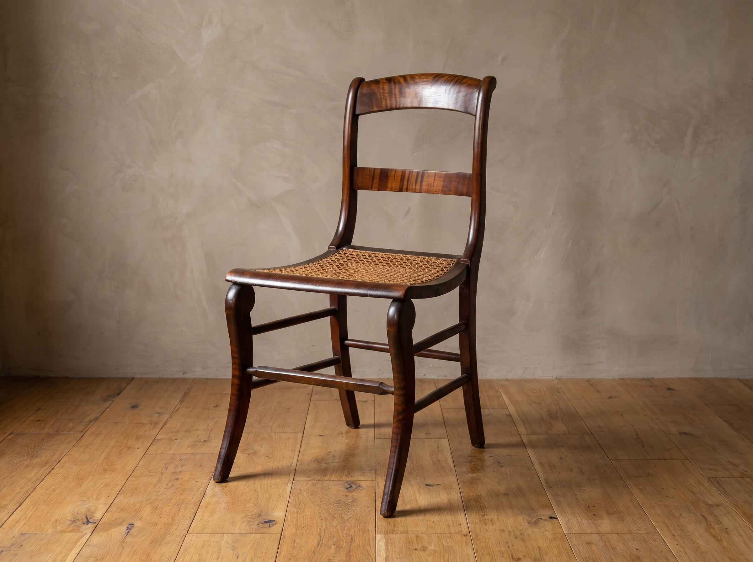 Antique cane seat side chair, three-quarter angle view