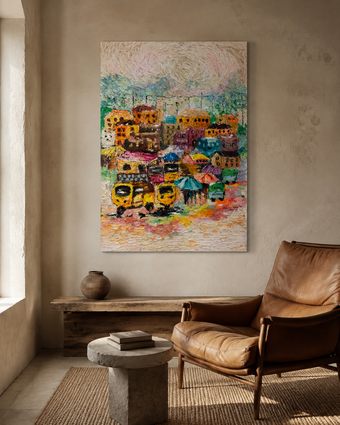 Maryam Maigida, Duniya Makaranta, heavily textured painting of a colourful town with yellow buses, hung above a wooden bench in a pale plaster room