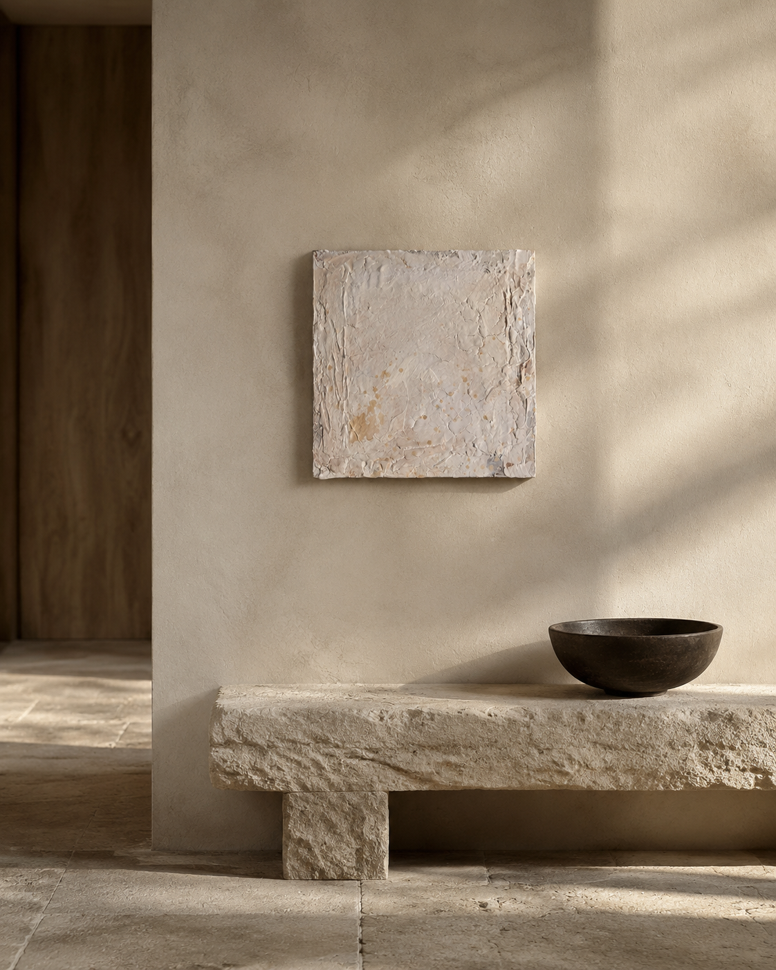 Sanctuary 2 hung above a stone bench in a warm plaster room