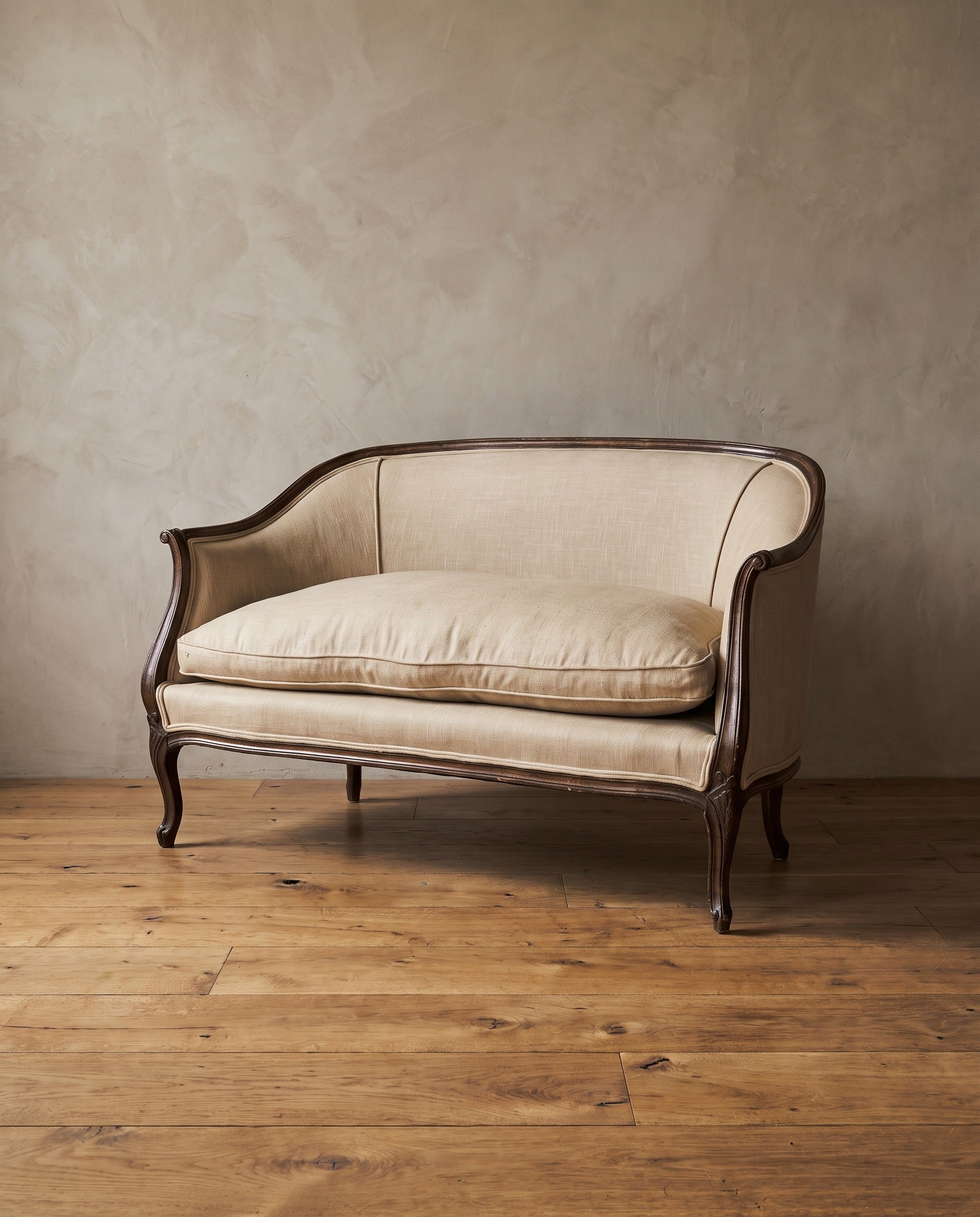 Vintage Bloomingdale's Trianon settee in oatmeal linen with a dark carved wood frame, against a plaster wall on a wide-plank wood floor