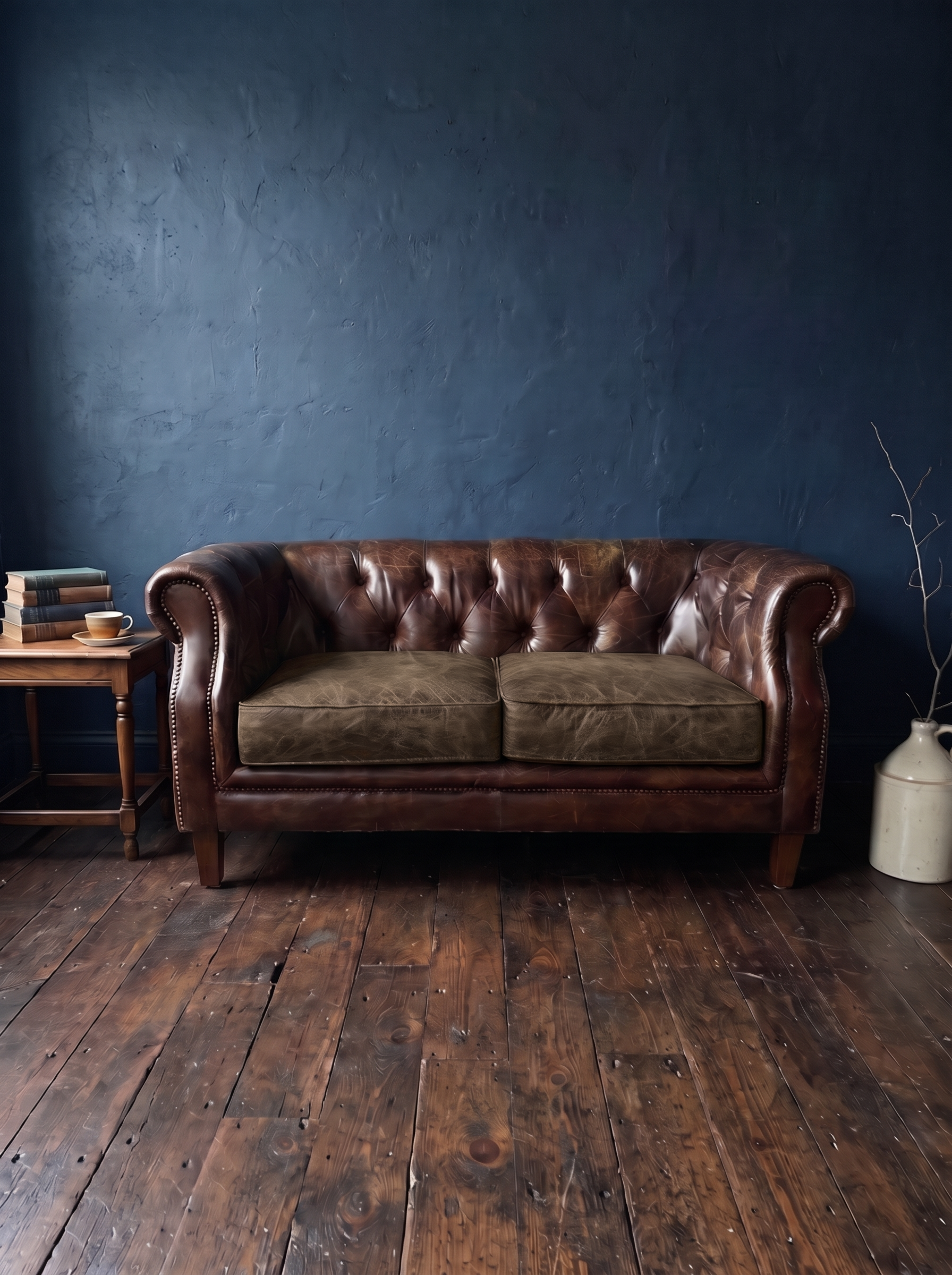 Leather chesterfield loveseat against a midnight blue plaster wall with a side table, books and tea