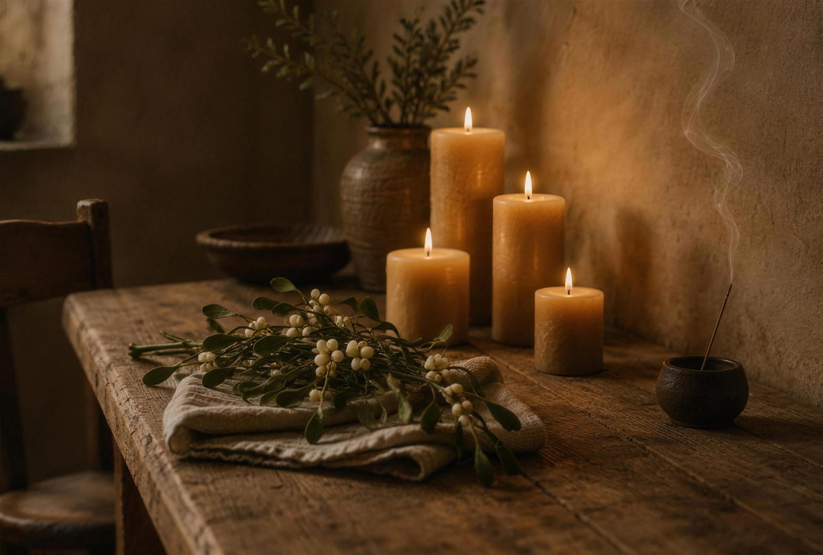 Beeswax candles, mistletoe and incense smoke on a wooden table