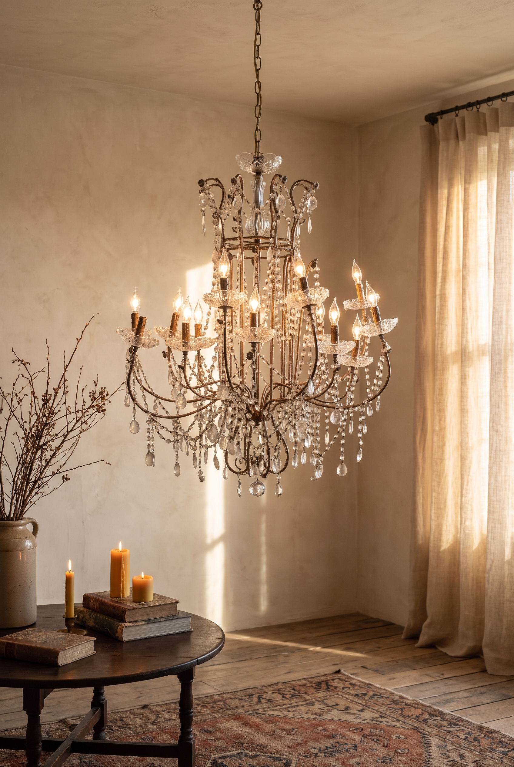 Antique crystal beaded chandelier lit and hanging over a round table in a warm plaster room