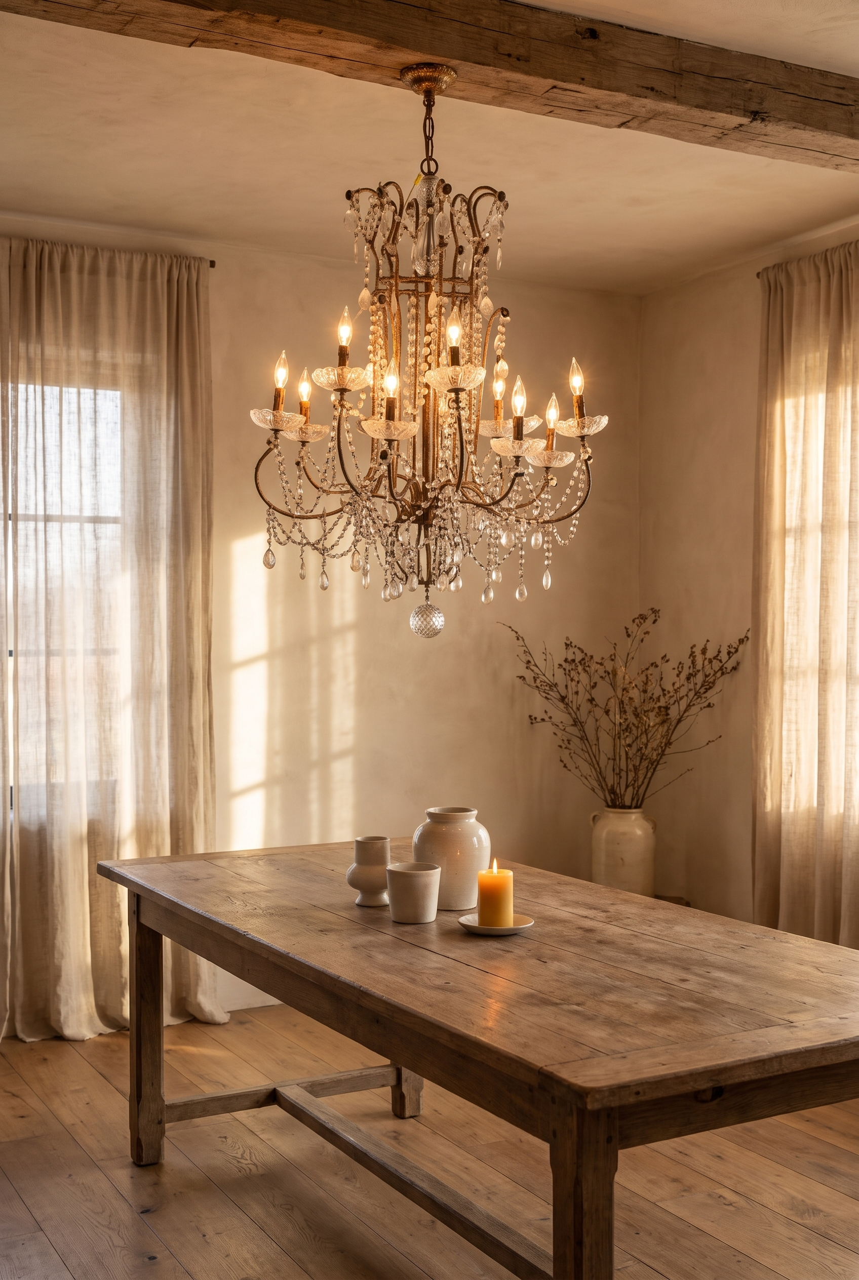 The chandelier hanging over a long oak dining table, full scale in a warm interior
