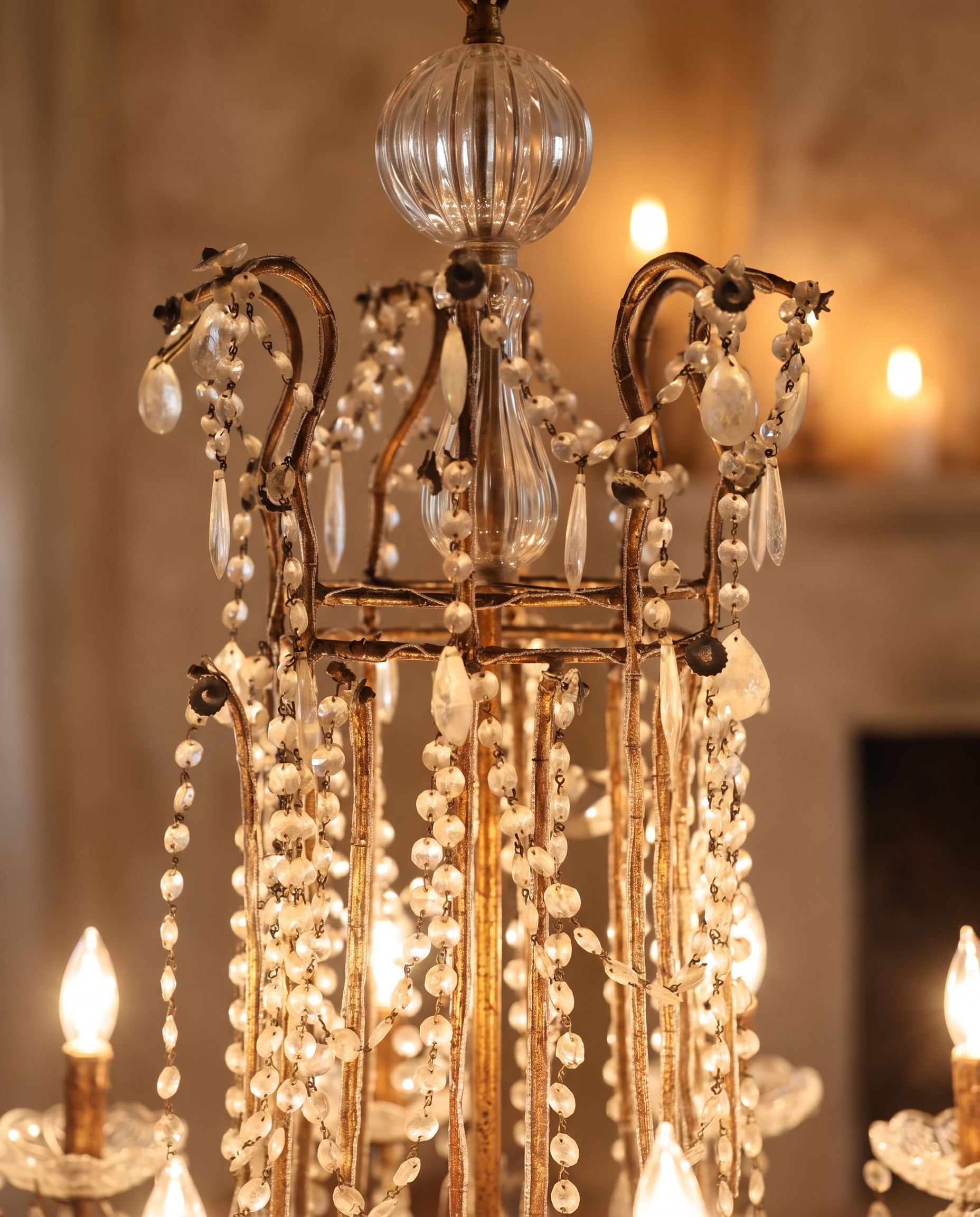 Detail of the fluted cut-glass ball finial and gilt beaded crown