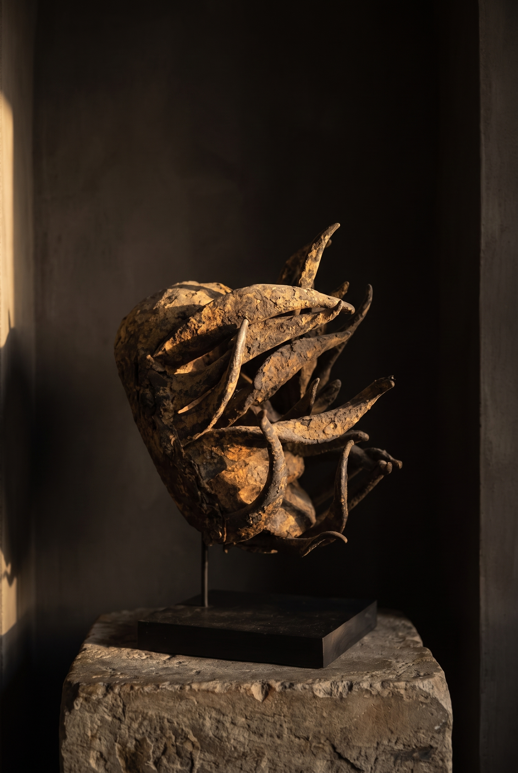 Senufo sacrifice mask on a stone plinth in a dark gallery alcove, warm raking light
