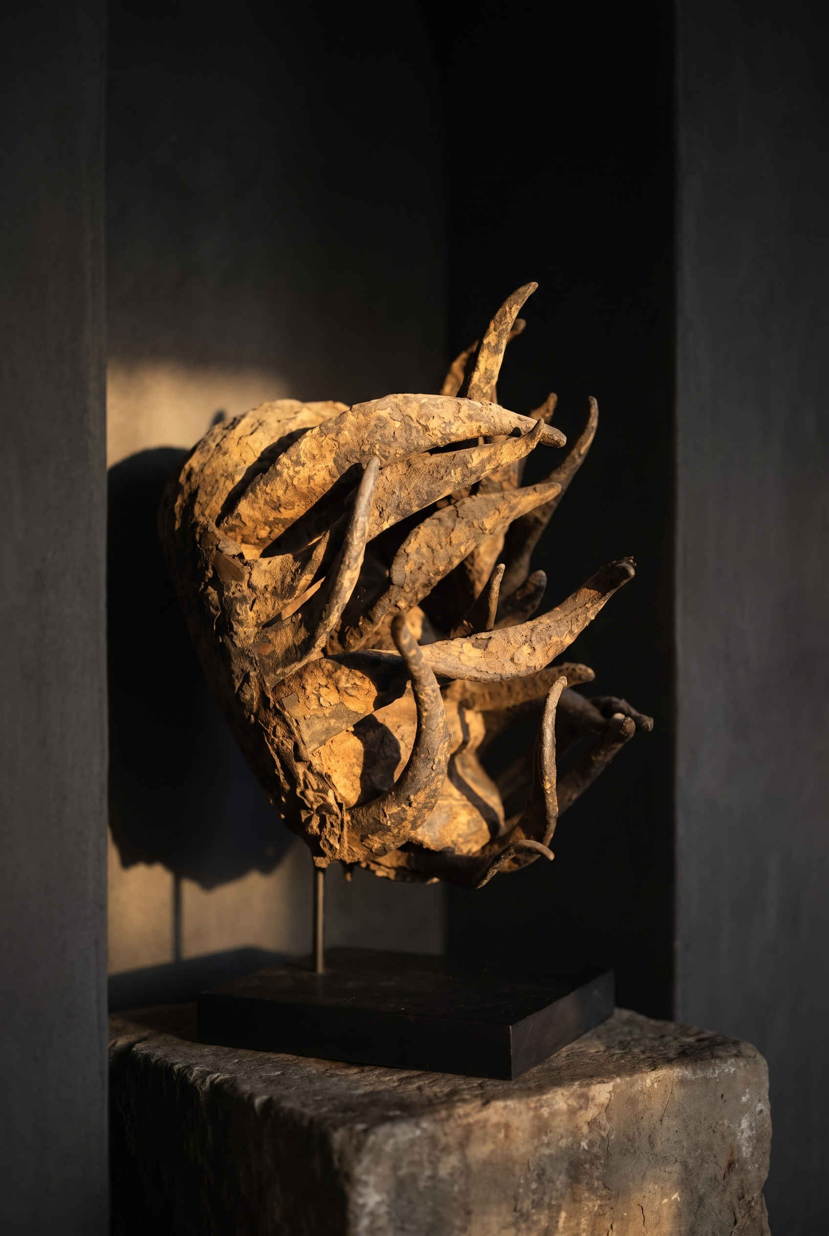 Senufo sacrifice mask from the Ivory Coast, encrusted horned helmet mask displayed on a stone plinth in dramatic light