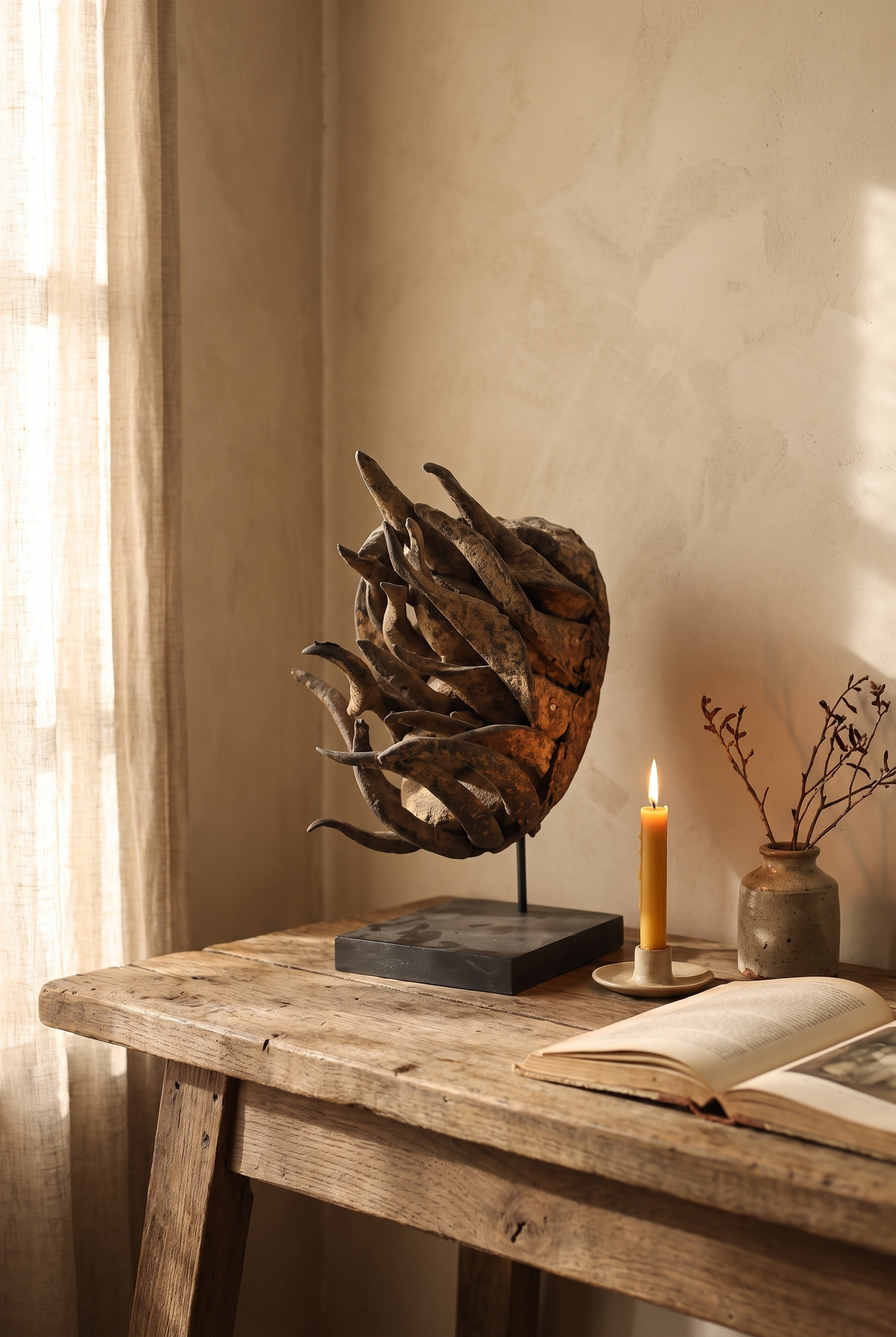 Senufo sacrifice mask styled on a weathered oak table in warm afternoon light