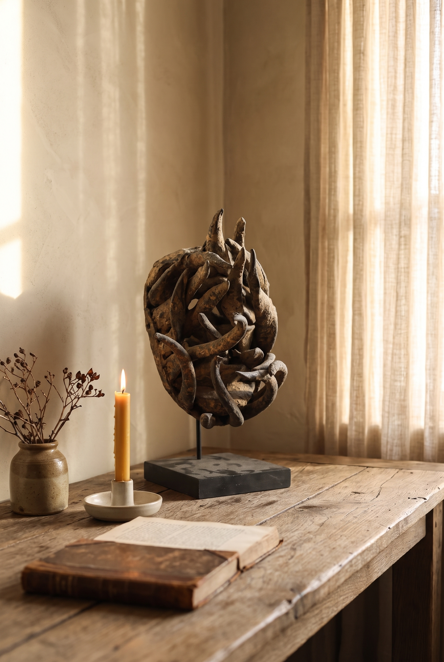 Senufo sacrifice mask styled in a warm lived-in interior with a candle and antique book