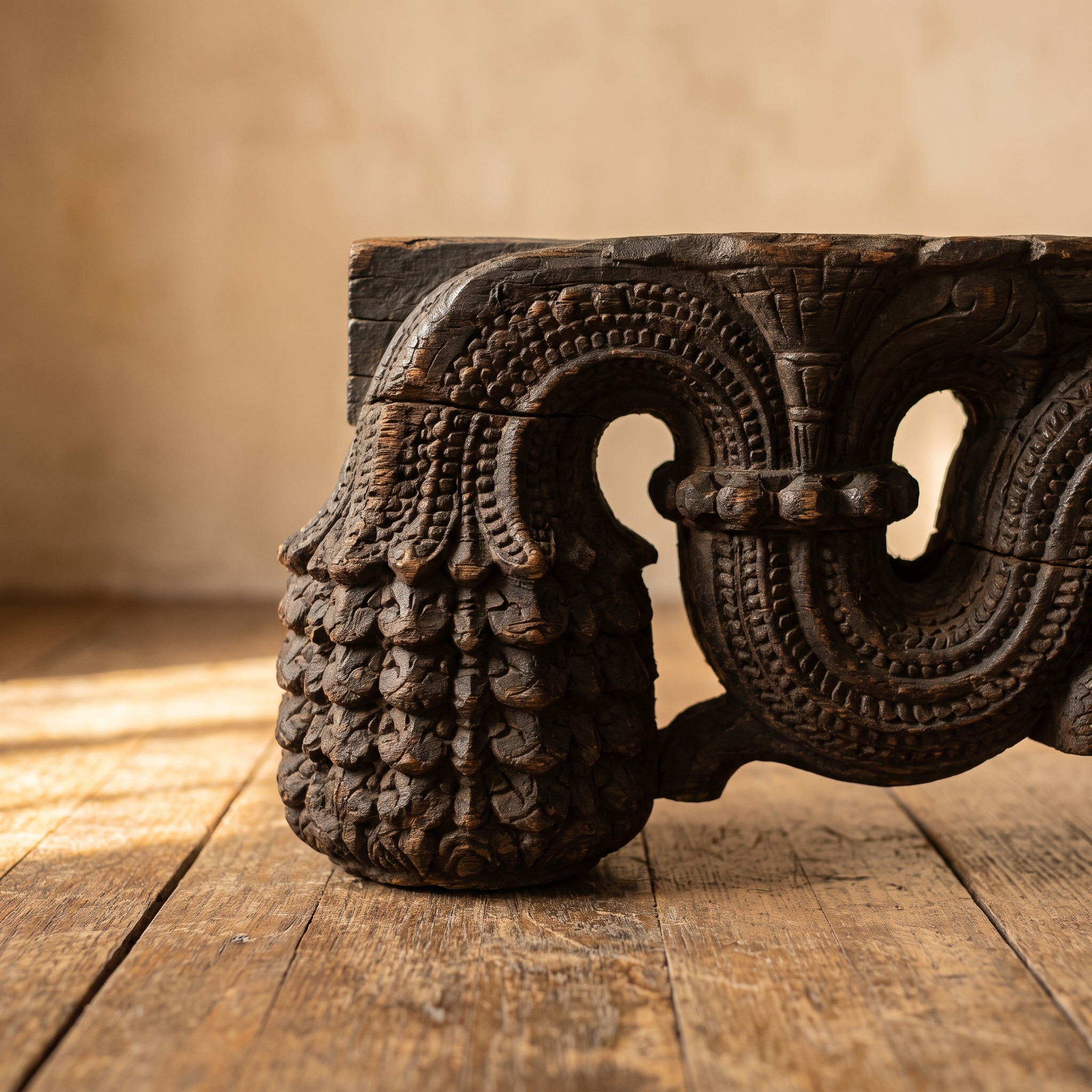 Detail of the carved end block and foot of the antique table