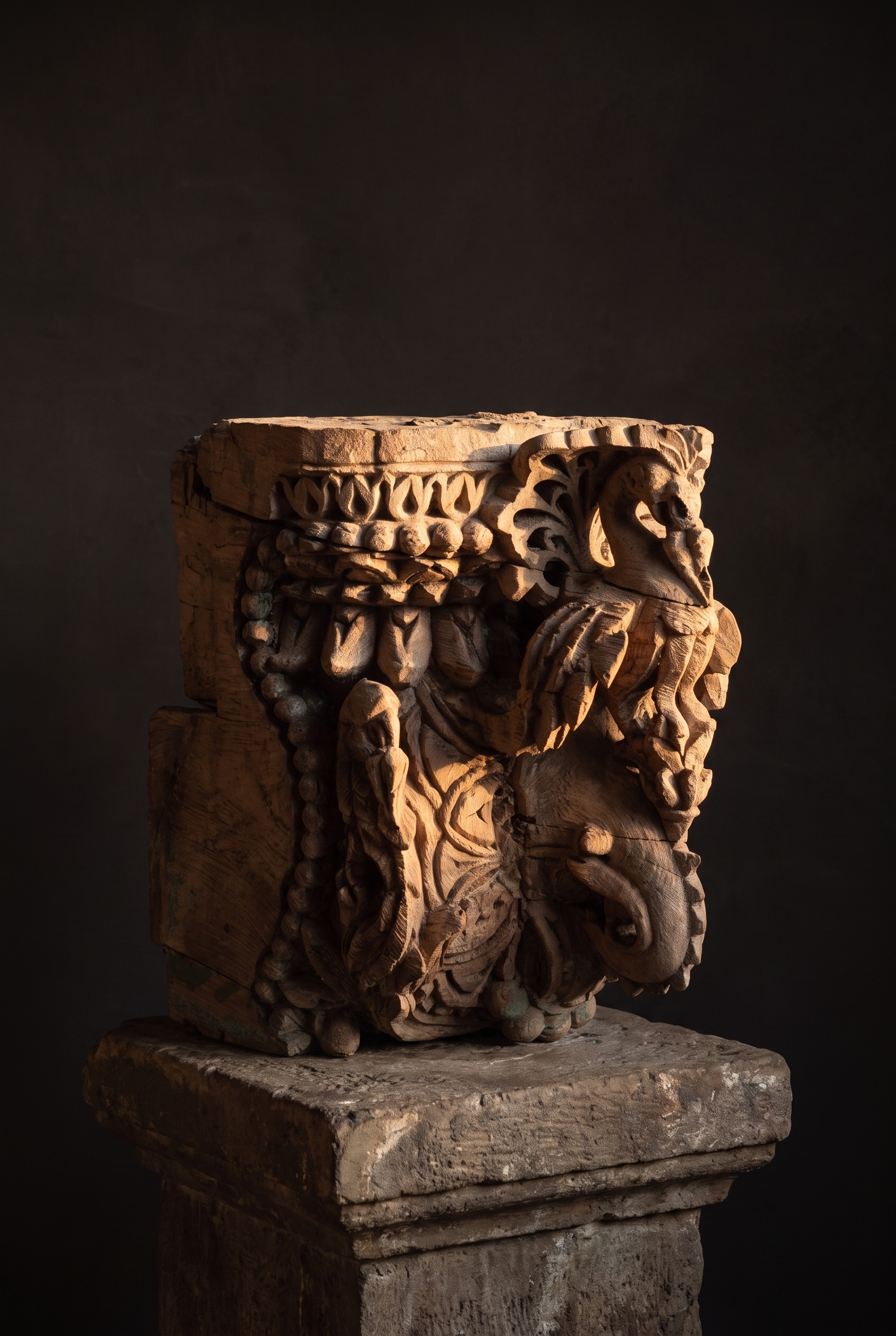 Antique carved teak temple capital from India, parrot brackets and beaded garlands, displayed on a stone plinth in dramatic light