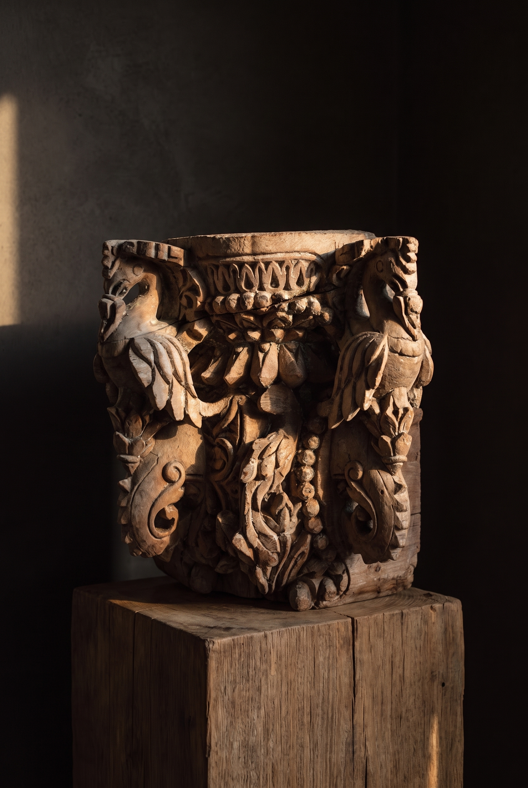 Carved teak temple capital on a wood plinth in a dark gallery with a shaft of warm light