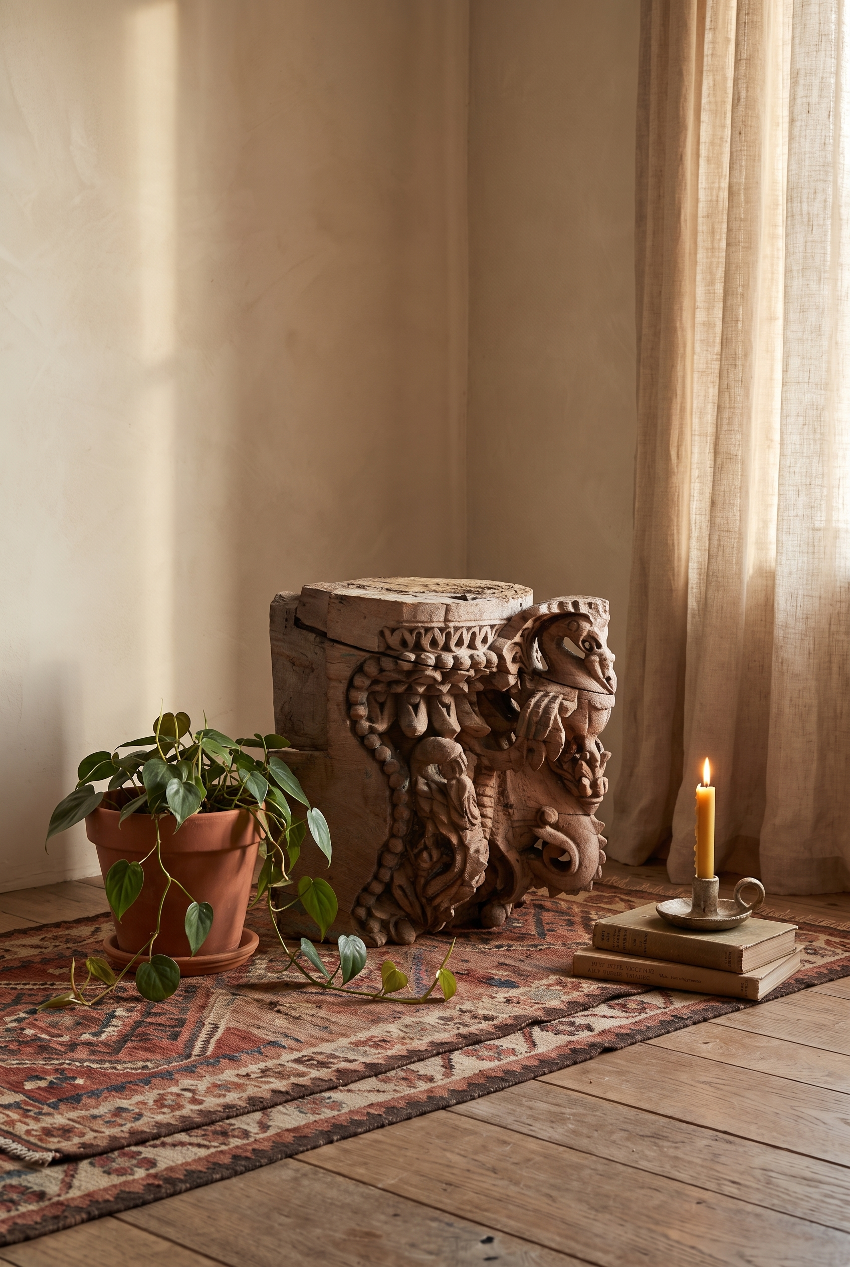 Carved teak temple capital styled on the floor on an antique kilim with a plant and candle