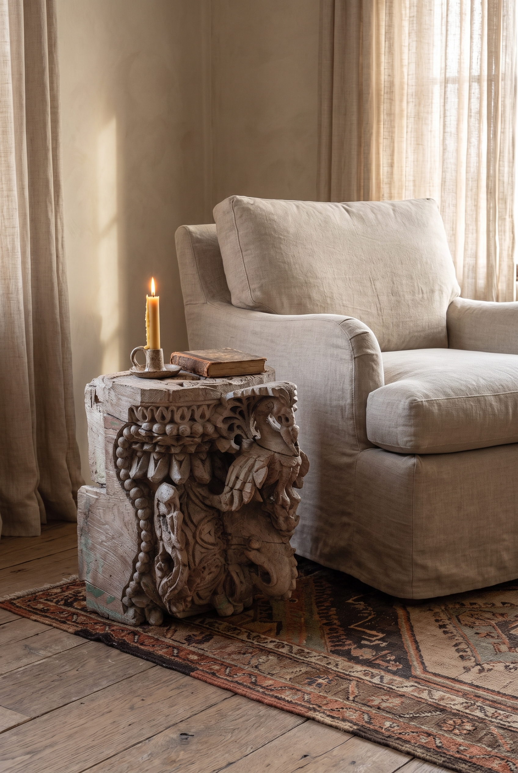 Carved teak temple capital used as a low side table beside a linen chair with a candle and book