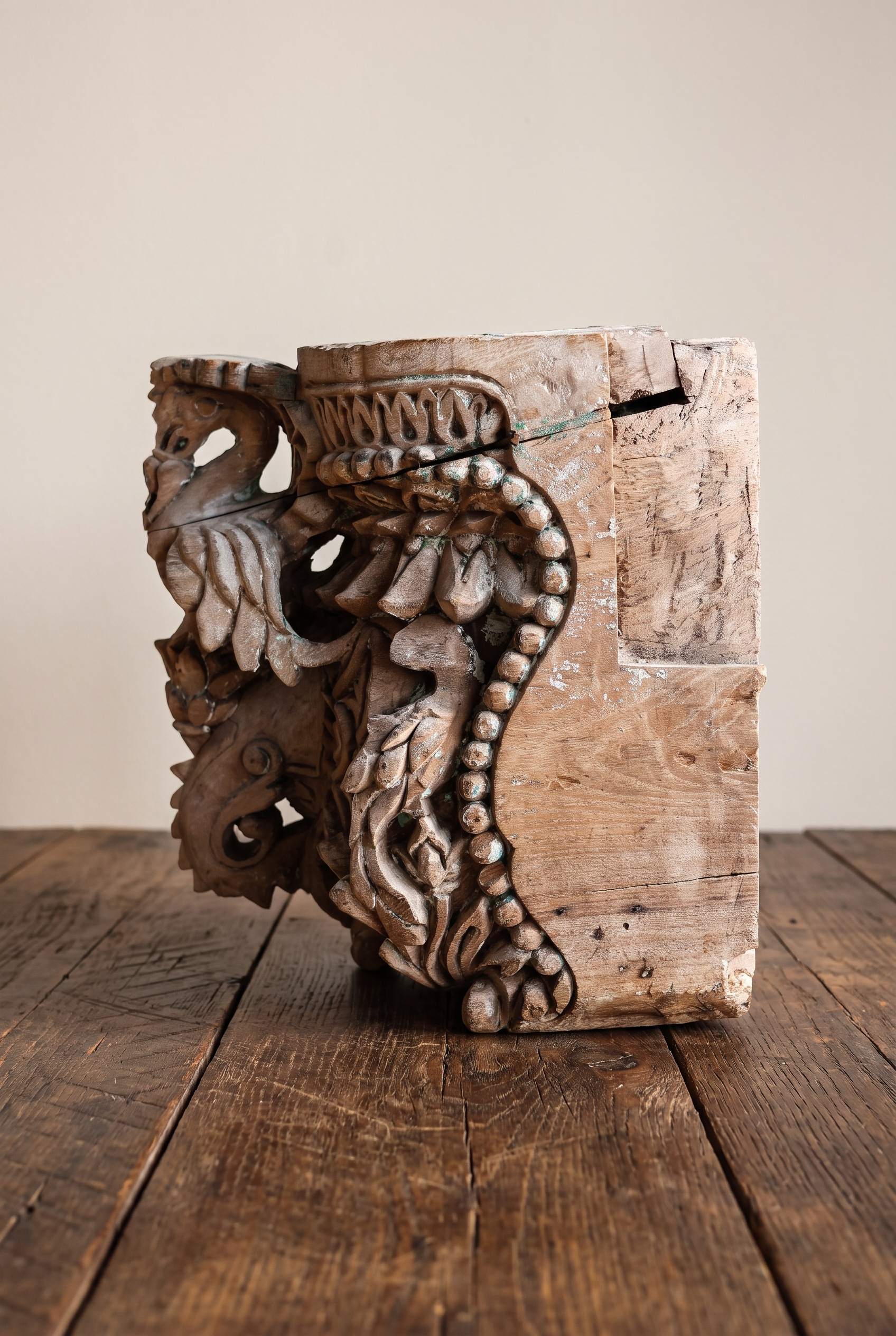 Carved teak temple capital, profile view of a parrot bracket and beaded garland