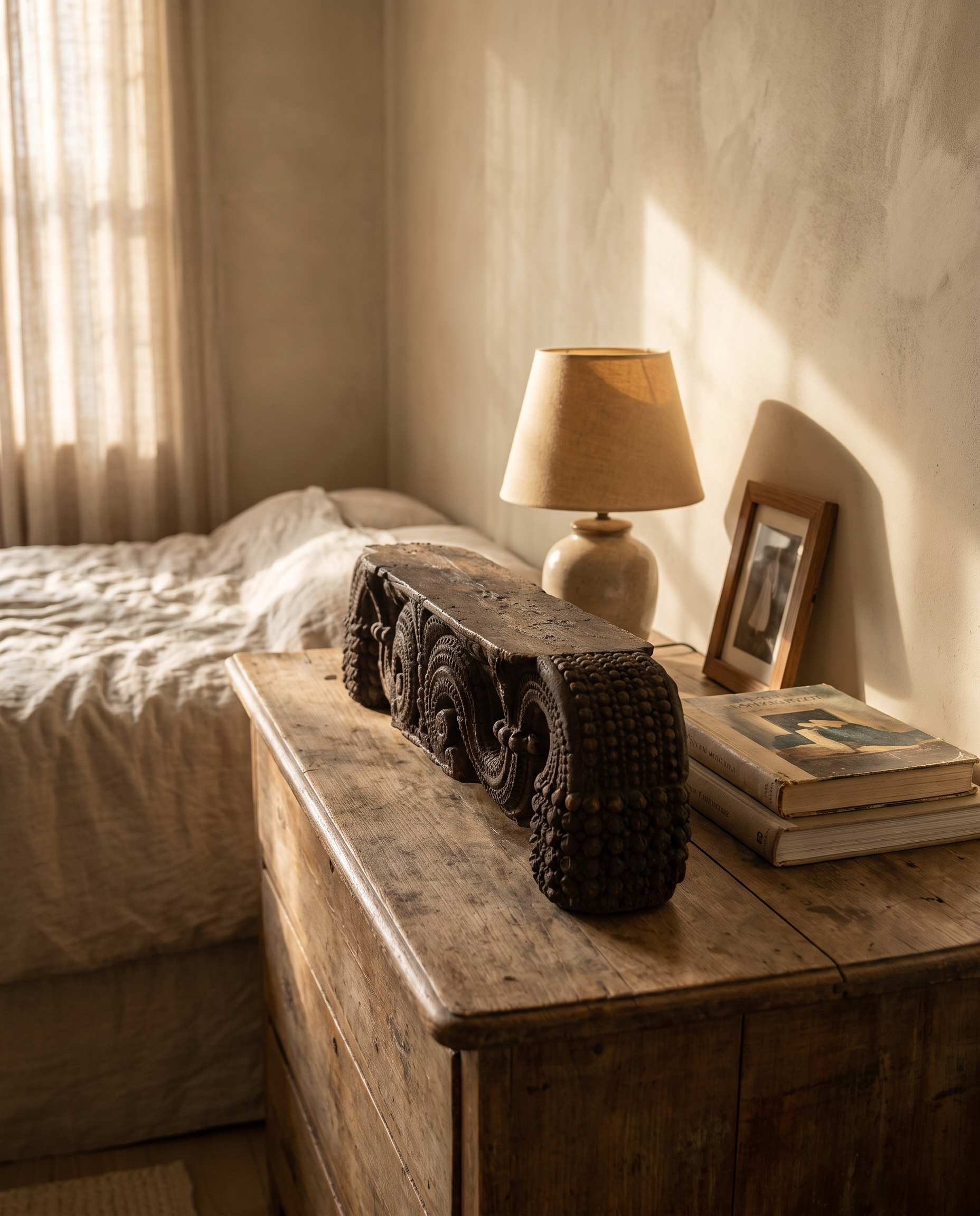 Antique carved wood piece on a bedroom dresser beside a lamp, showing its small scale
